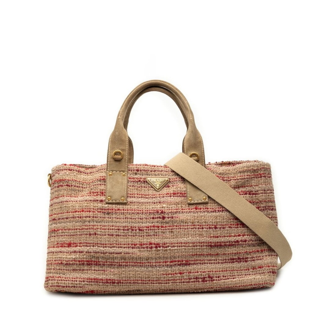 Prada Triangle Logo Plate Canapa Tote Bag 2-Way Shoulder BN2042 Beige Red Multicolor Tweed Suede: --- Catalog ---Category: SizeSize (HxWxD): 25.5cm x 47cm x 25cm / 10.03'' x 18.5'' x 9.84''Category: DesignType: Shoulder bag, Tote bagColor: Beige, Multi-color, Red colorGender: WomenMaterial: Tweed 