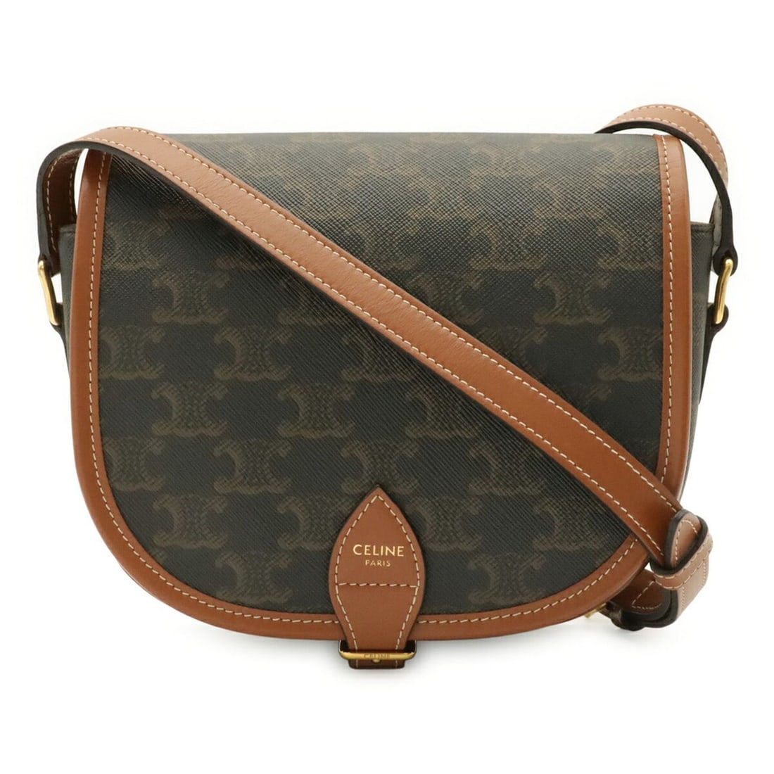 CELINE Triomphe Folco Medium Shoulder Bag Pochette Canvas Leather Tan Dark Brown 191502: --- Catalog ---Category: SizeSize (HxWxD): 17.5cm x 18cm x 9cm / 6.88'' x 7.08'' x 3.54''Category: DesignType: Pochette, Shoulder bagColor: Dark brownGender: WomenMaterial: Canvas Category: GeneralMPN