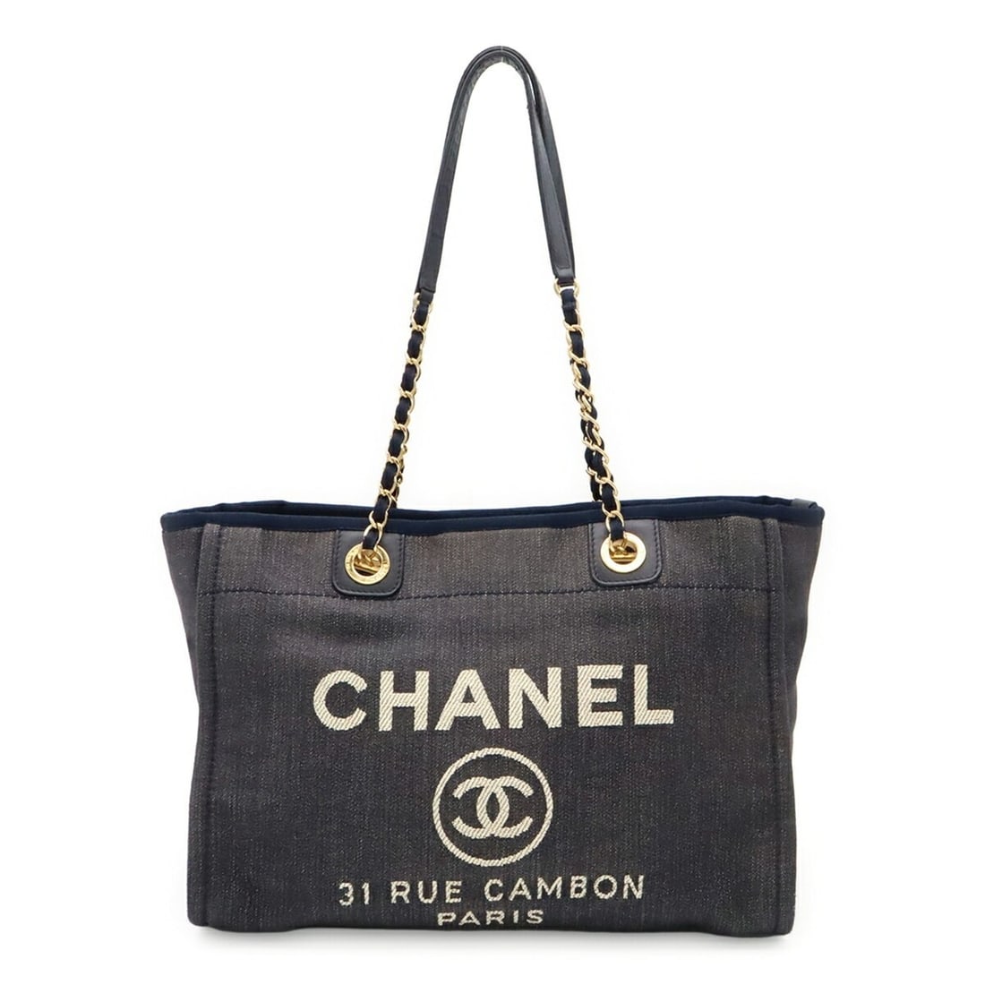 CHANEL Deauville Line Tote MM Medium Bag Shoulder Chain Denim Navy A67001: --- Catalog ---Category: SizeSize (HxWxD): 26cm x 34cm x 17cm / 10.23'' x 13.38'' x 6.69''Category: DesignType: Shoulder bag, Tote bagColor: NavyGender: WomenMaterial: Denim Category: GeneralMPN: A670