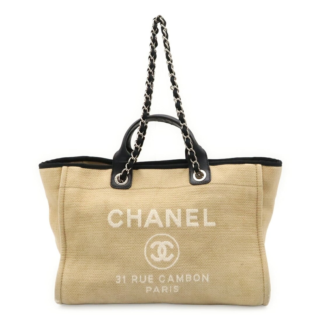 CHANEL Deauville Line Large Bag Tote Chain Shoulder Canvas Beige Black A66941: --- Catalog ---Category: SizeSize (HxWxD): 30cm x 38.5cm x 21cm / 11.81'' x 15.15'' x 8.26''Category: DesignType: Shoulder bag, Tote bagColor: Beige, BlackGender: WomenMaterial: Canvas Category: Gener