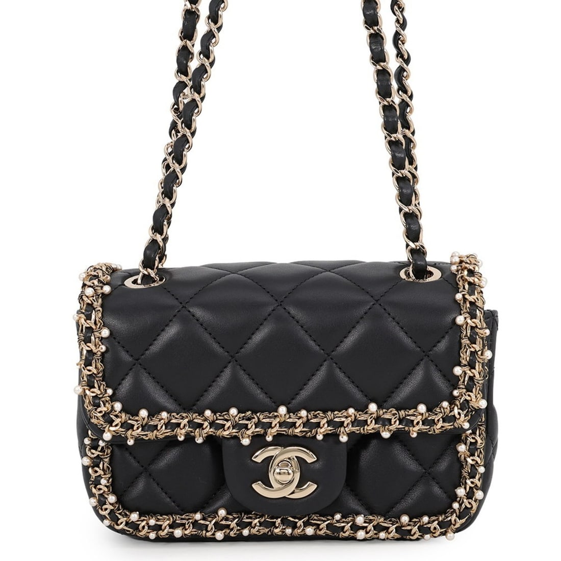 Chanel Chain Shoulder Bag Mini Matelassé Coco Mark Lambskin Faux Pearl CHANEL Black Handbag Women's: --- Catalog ---Category: SizeWeight: 410g / 14.46oz.Size (HxWxD): 12.5cm x 17.5cm x 6.5cm / 4.92'' x 6.88'' x 2.55''Strap Length: 64cm - 114cm / 25.19'' - 44.88''Category: DesignType: Handbag, Shoulde