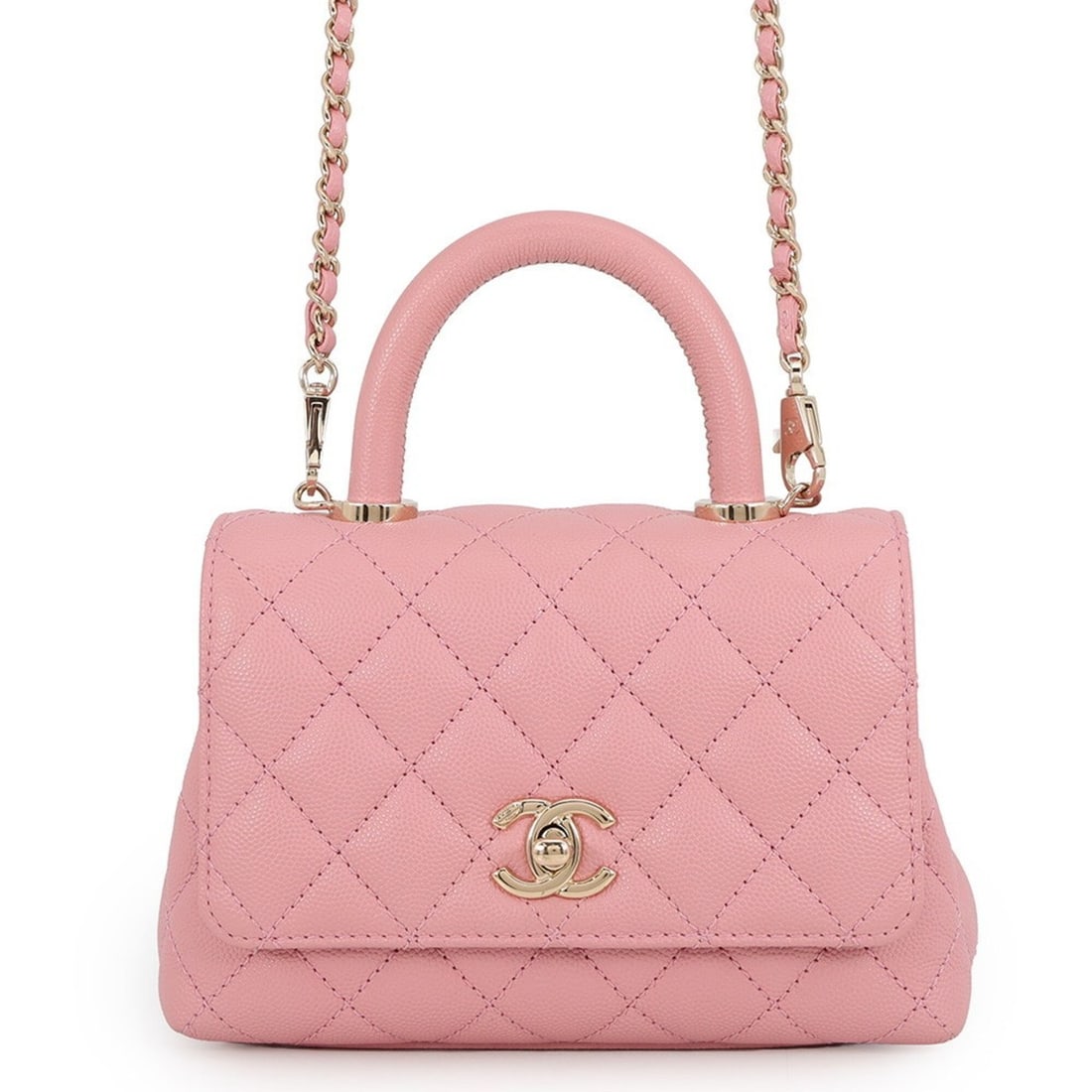 Chanel handbag, Coco Mark, Matelassé, Handle, XXS, caviar leather, AS2215, 2-way shoulder bag,: --- Catalog ---Category: SizeWeight: 530g / 1.16lb.Size (HxWxD): 13cm x 18.5cm x 8.5cm / 5.11'' x 7.28'' x 3.34''Strap Length: 118.5cm / 46.65''Category: DesignType: Handbag, Shoulder bagColor: PinkGe