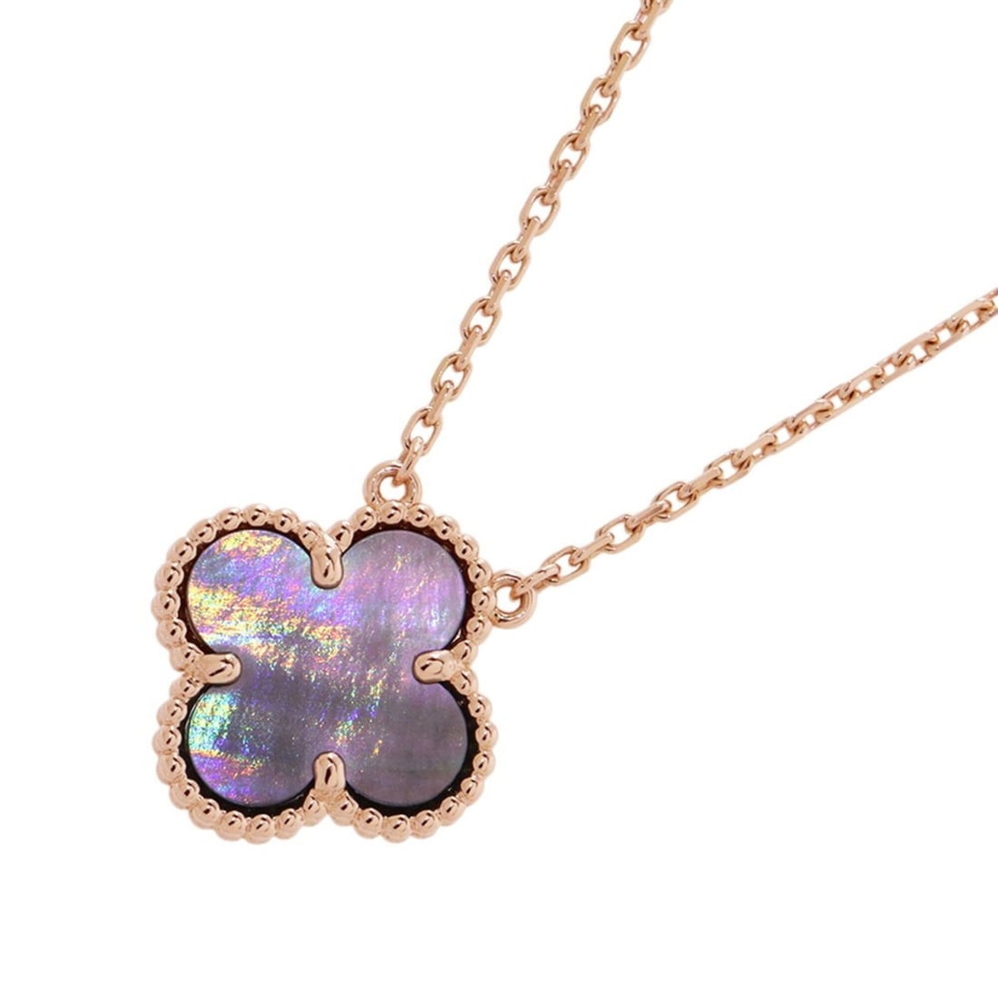 Van Cleef & Arpels Alhambra Necklace Pendant, Gray Mother-of-Pearl, 18K Pink Gold (VCARP4KK00): --- Catalog ---Category: SizeWeight: 5.3g / 0.18oz.Pendant Size: 15mm x 15mm / 0.59'' x 0.59''Neck Circumference: 38.5 cm - 42.5 cm / 15.15'' - 16.73''Category: DesignGender: WomenMaterial: Pink gold 