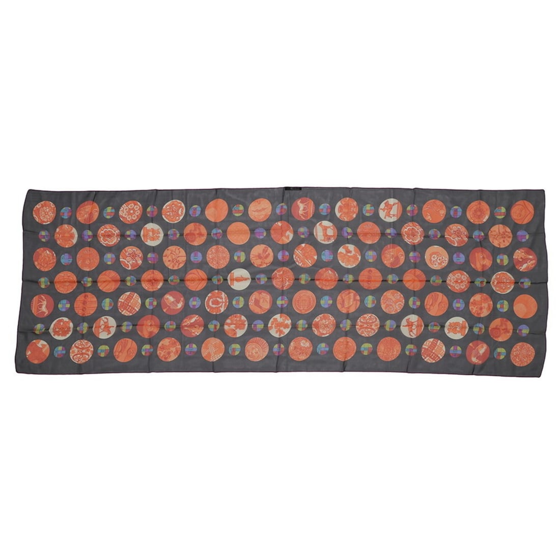 Hermes Long Stole Silk Muslin Borduc HERMES Medallion Black: --- Catalog ---Category: SizeSize (LxW): 62cm x 1.8m / 24.4'' x 70.86''Category: DesignType: StoleColor: Black, Multi-color, OrangeGender: Women,MenMaterial: Silk 100%Category: GeneralBrand: HermesCou