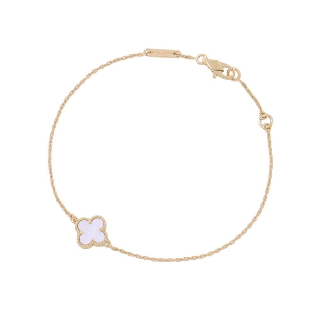 Van Cleef & Arpels Sweet Alhambra Mother-of-Pearl Bracelet in 18K Yellow Gold (VCARF68800): --- Catalog ---Category: SizeLength: 16cm - 17.5cm / 6.29'' - 6.88''Category: DesignType: Charm braceletGender: WomenMaterial: Yellow gold (18K)Category: GeneralBrand: Van Cleef & Arpels--- Item List 