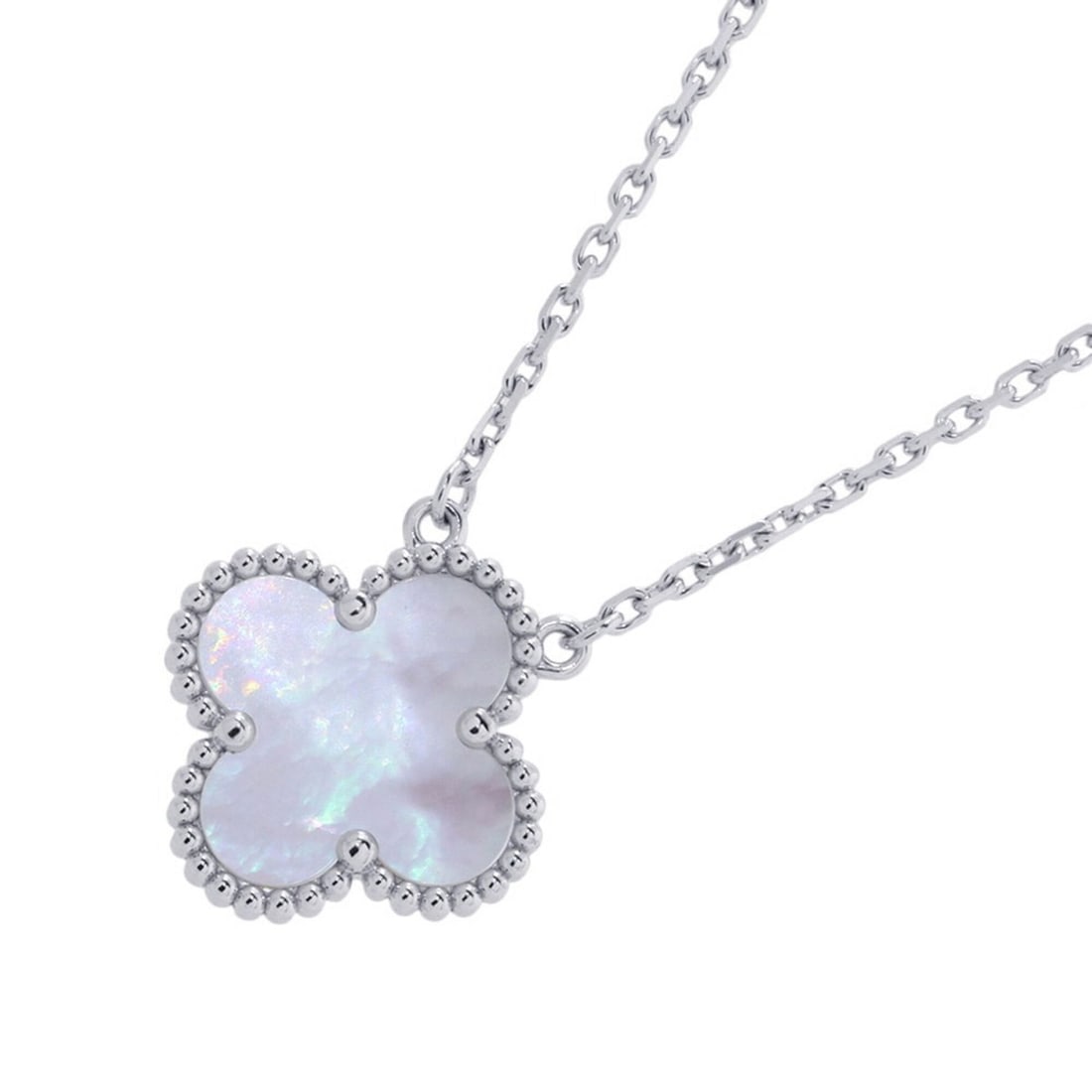Van Cleef & Arpels Alhambra Mother-of-Pearl Necklace in 18K White Gold (VCARF48700) - Pendant: --- Catalog ---Category: SizePendant Size: 15mm x 15mm / 0.59'' x 0.59''Neck Circumference: 37.5 cm - 42 cm / 14.76'' - 16.53''Category: DesignGender: WomenMaterial: White gold (18K)Pendant Type: Pend
