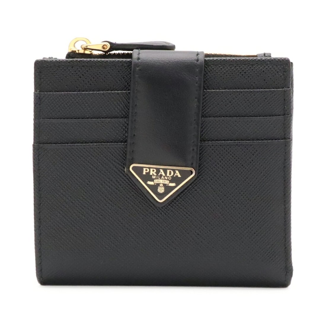 PRADA Triangle Compact Wallet, Bi-fold Leather, NERO Black, 1ML047: --- Catalog ---Category: SizeSize (HxWxD): 9.5cm x 10.5cm / 3.74'' x 4.13''Category: DesignType: Wallet (bi-fold)Color: Black, NeroGender: WomenMaterial: Leather Category: GeneralMPN: 1ML047Brand: Pra
