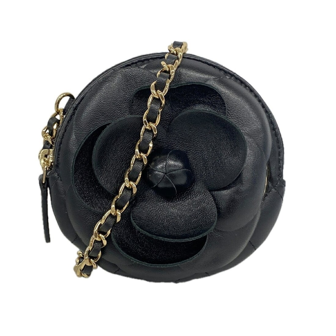 Chanel Camellia Chain Shoulder Bag, Lambskin, Black/Champagne, Women's: --- Catalog ---Category: SizeSize (HxWxD): 11.5cm x 11cm x 1cm / 4.52'' x 4.33'' x 0.39''Category: DesignType: Shoulder bagColor: BlackGender: WomenMaterial: Leather Leather/Fur Type: LambskinCategory