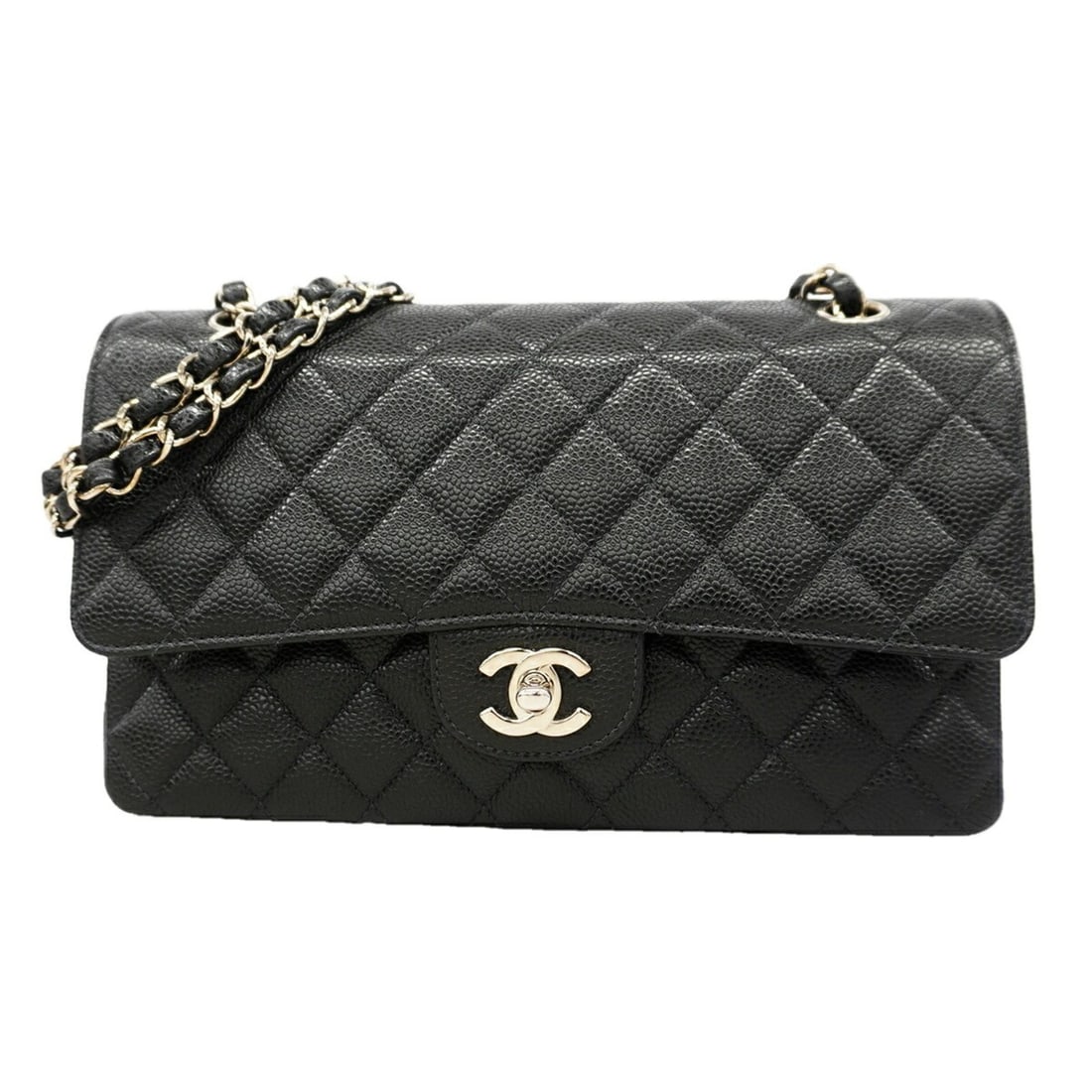 Chanel Matelassé Shoulder Bag, Double Flap, Chain, Caviar Leather, Black, Women's: --- Catalog ---Category: SizeSize (HxWxD): 15.5cm x 25.5cm x 6cm / 6.1'' x 10.03'' x 2.36''Category: DesignType: Shoulder bagColor: BlackGender: WomenMaterial: Grained Calfskin Hardware Color: SilverC