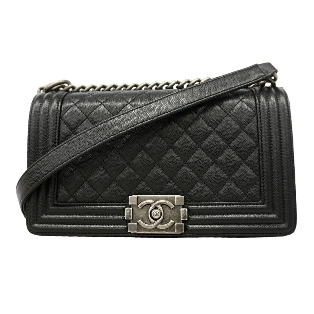 Chanel Boy Chain Shoulder Bag, Caviar Leather, Black, Women's: --- Catalog ---Category: SizeSize (HxWxD): 16cm x 25cm x 8cm / 6.29'' x 9.84'' x 3.14''Category: DesignType: Shoulder bagColor: BlackGender: WomenMaterial: Grained Calfskin Hardware Color: SilverCateg