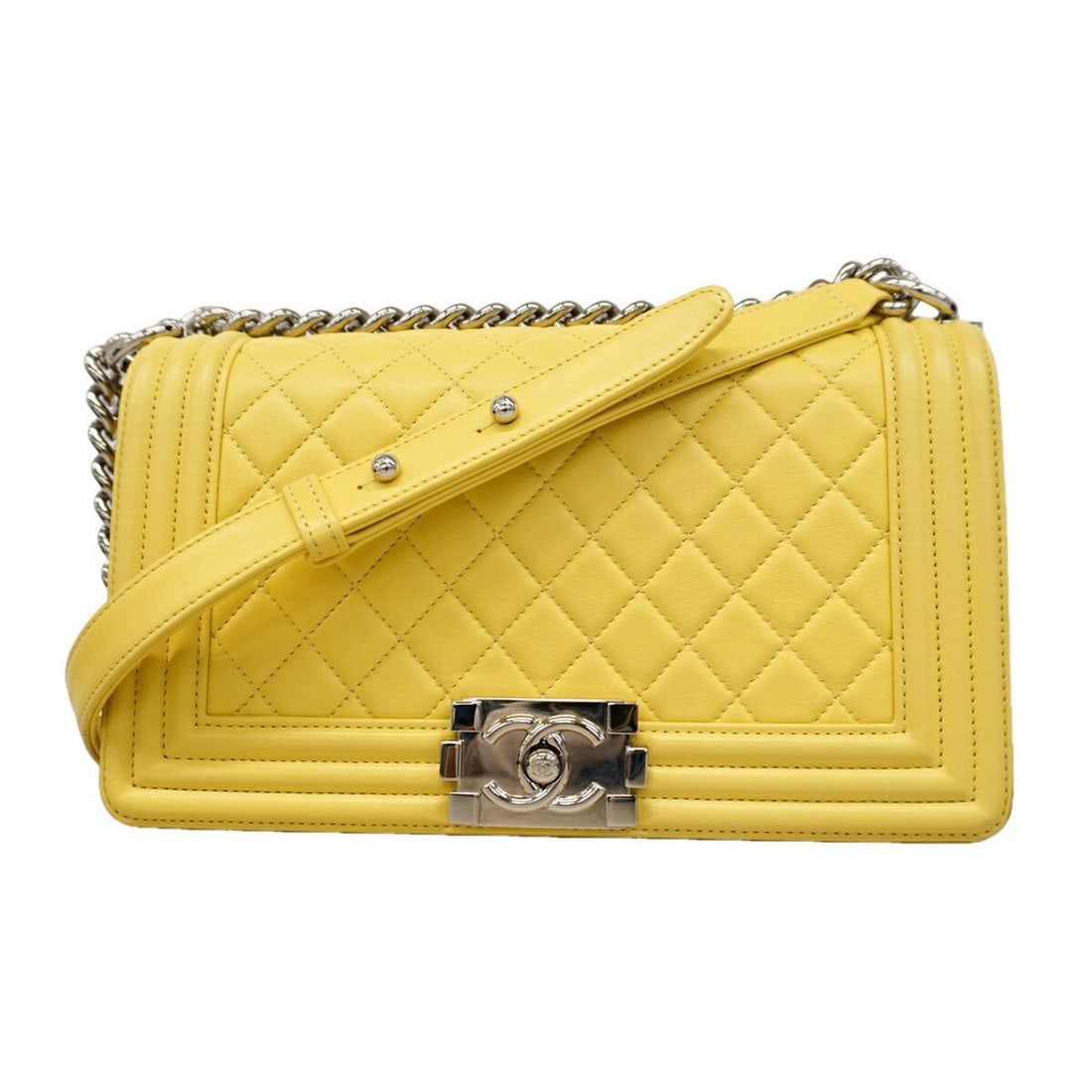 Chanel Boy Chain Shoulder Bag, Lambskin, Yellow, Women's: --- Catalog ---Category: SizeSize (HxWxD): 16cm x 25cm x 8cm / 6.29'' x 9.84'' x 3.14''Category: DesignType: Shoulder bagColor: YellowGender: WomenMaterial: Leather Hardware Color: SilverLeather/Fur