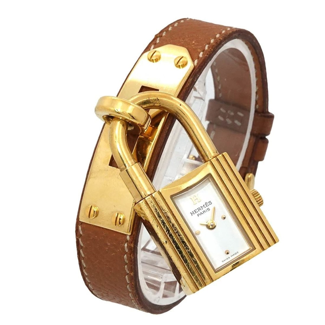 Hermes Kelly Watch, Women's White and Brown Quartz Watch with Padlock: --- Catalog ---Category: SizeWrist Size: 13.5cm - 16cm / 5.31'' - 6.29''Case Diameter: 20mm / 0.79''Category: DesignType: WristwatchGender: WomenColor (Dial): WhiteMaterial (Band): Gold plated, Leathe