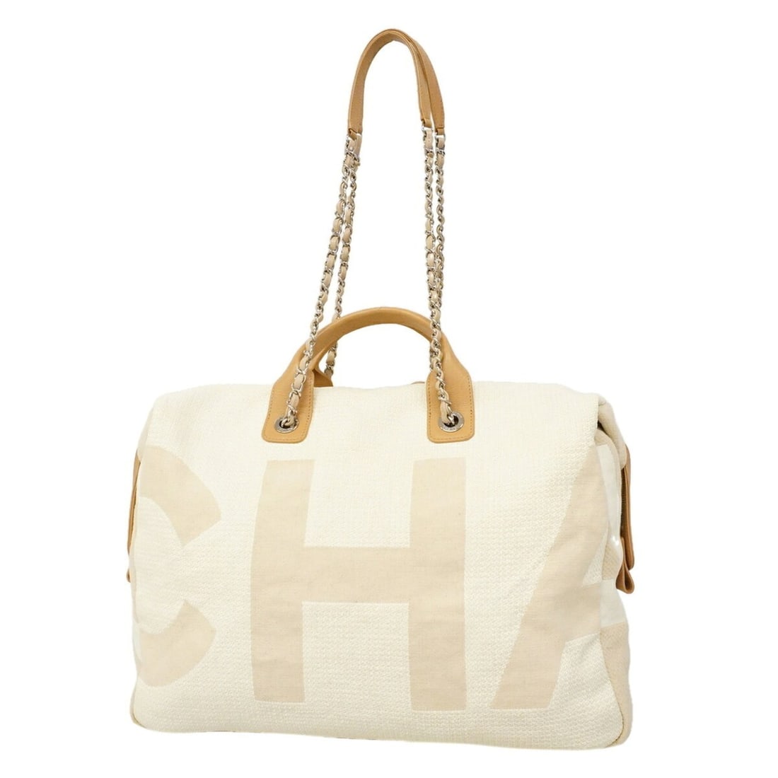 Chanel Deauville Canvas Handbag, Ivory/Beige, 2-way bag for women: --- Catalog ---Category: SizeSize (HxWxD): 37cm x 43cm x 17cm / 14.56'' x 16.92'' x 6.69''Category: DesignType: HandbagColor: Beige, IvoryGender: WomenMaterial: Canvas Hardware Color: SilverCategory: 