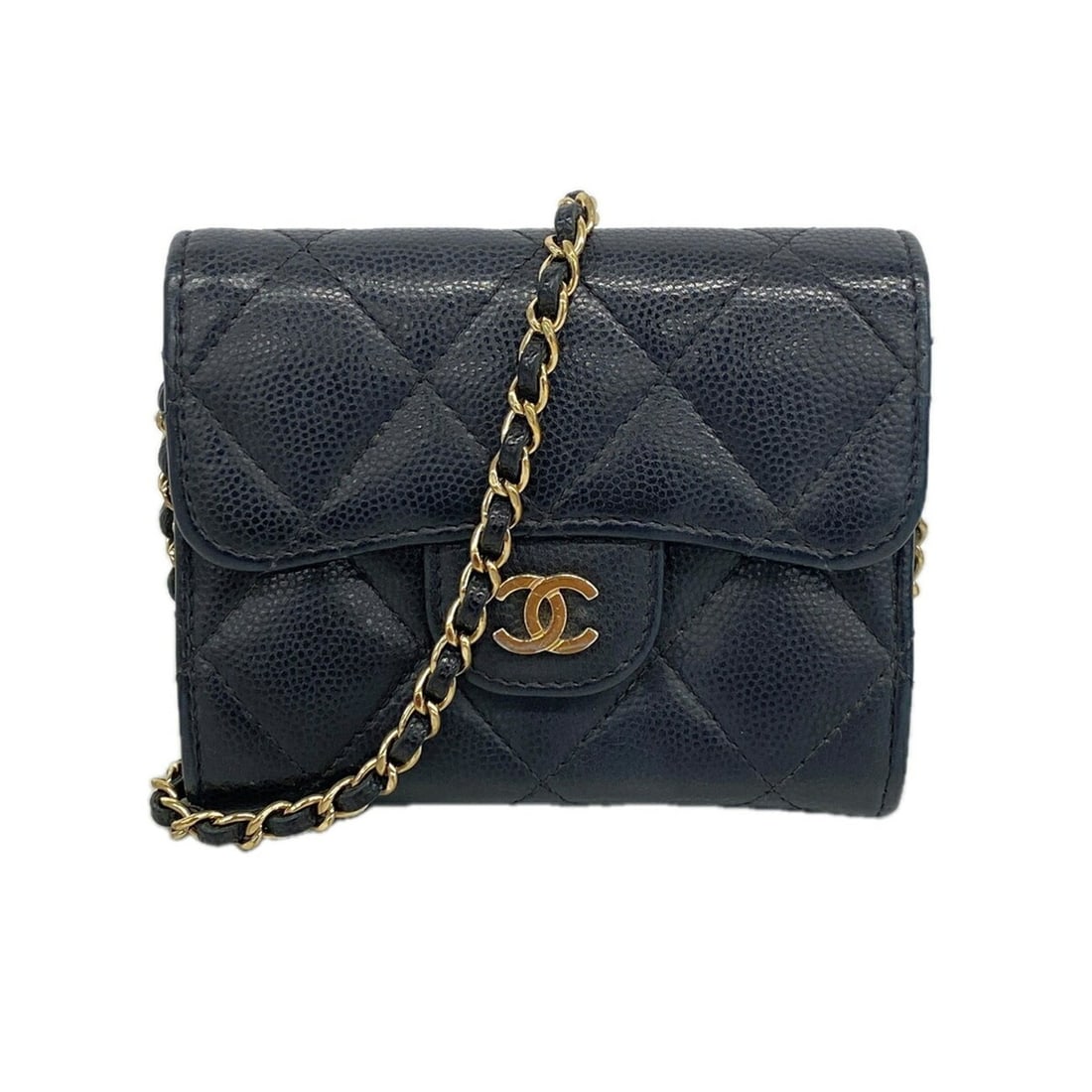 Chanel Matelassé Chain Shoulder Bag, Caviar Leather, Black, Women's, OP019619: --- Catalog ---Category: SizeSize (HxWxD): 9cm x 11cm x 3cm / 3.54'' x 4.33'' x 1.18''Category: DesignType: Shoulder bagColor: BlackGender: WomenMaterial: Grained Calfskin Hardware Color: GoldCategory