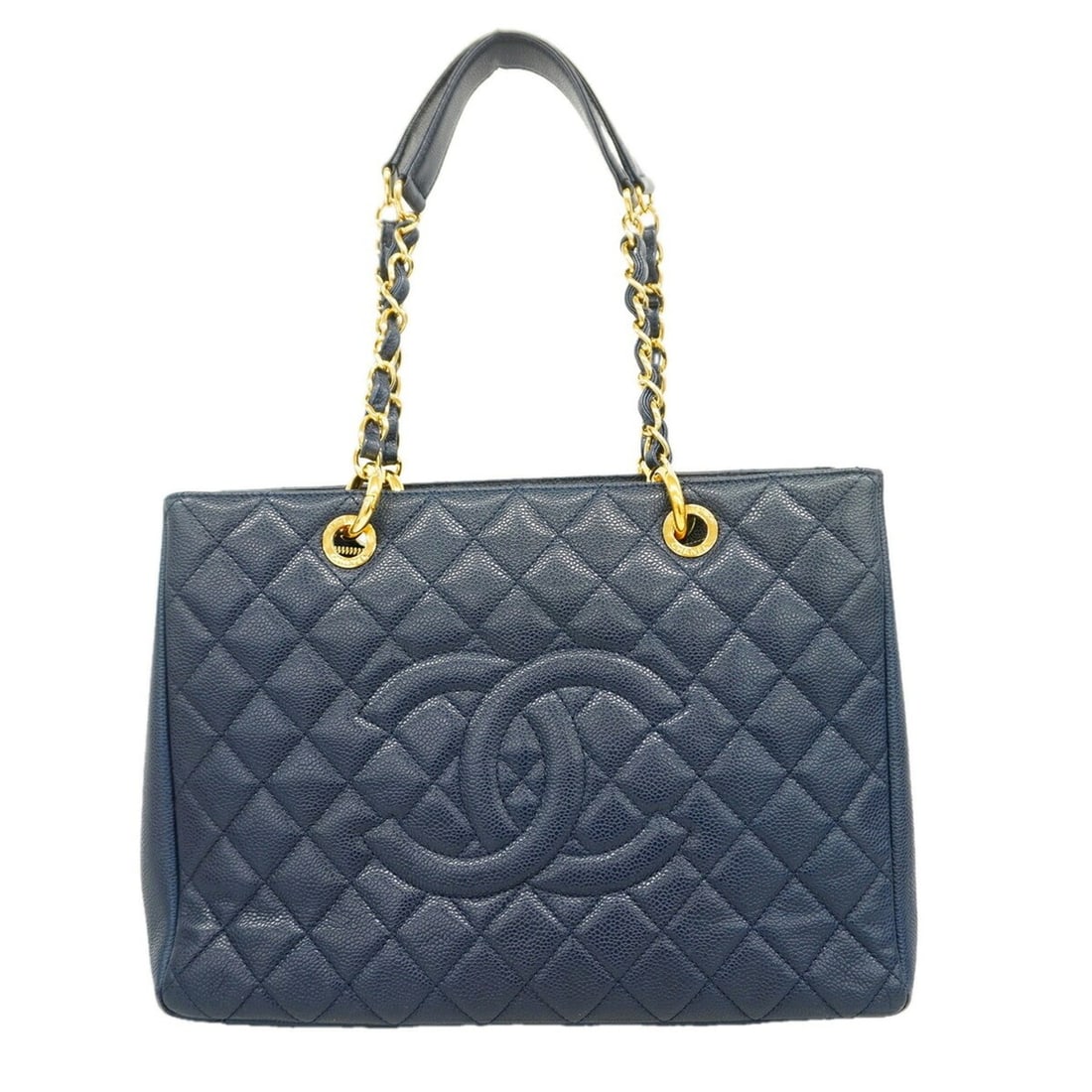 Chanel Tote Bag/Chain Tote, Matelassé Caviar Leather, Navy, Women's, OP013198: --- Catalog ---Category: SizeSize (HxWxD): 25cm x 33cm x 12.5cm / 9.84'' x 12.99'' x 4.92''Category: DesignType: Tote bagColor: NavyGender: WomenMaterial: Grained Calfskin Hardware Color: GoldCategory