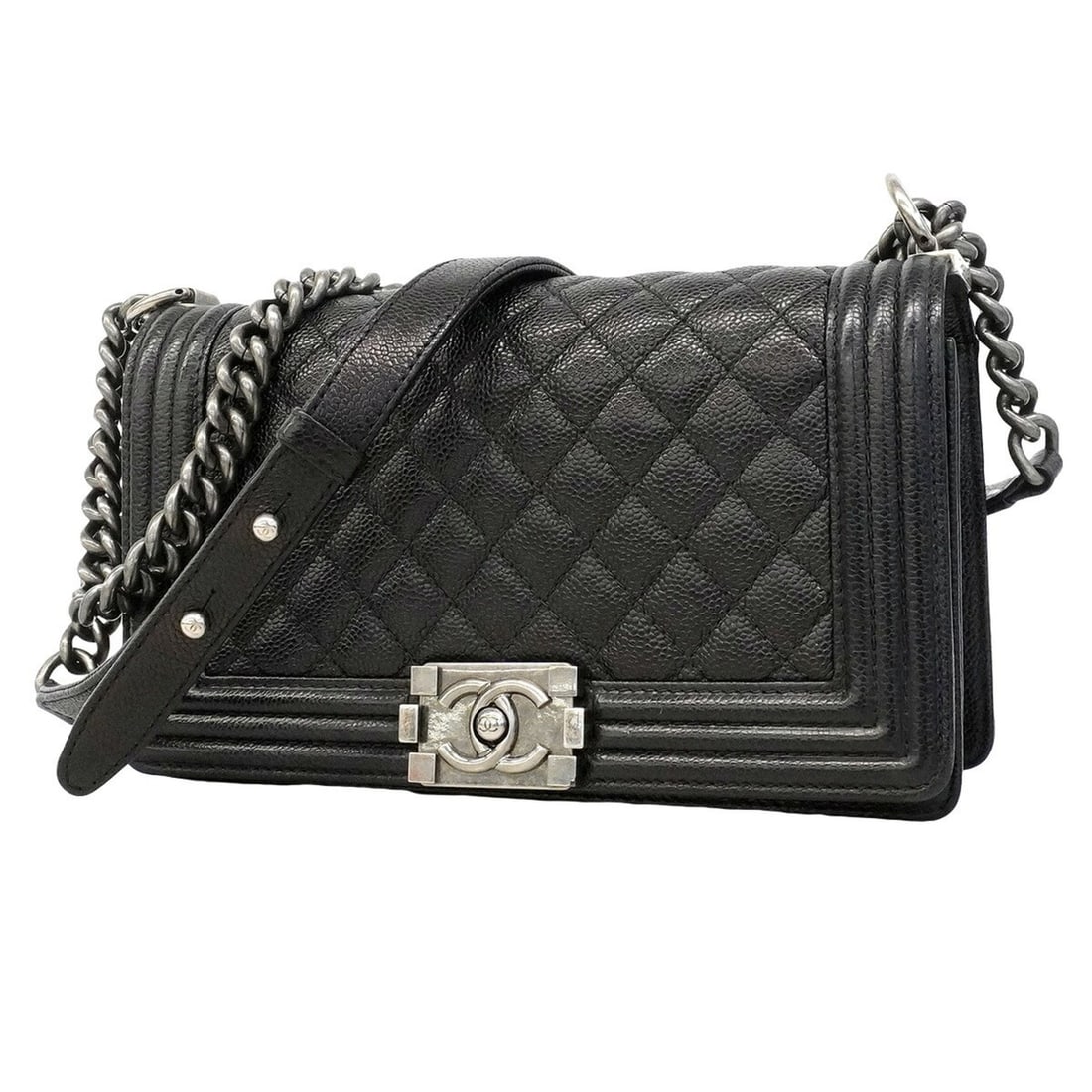 Chanel Boy Chain Shoulder Bag, Caviar Leather, Black, Women's OP019651: --- Catalog ---Category: SizeSize (HxWxD): 15cm x 25cm x 7cm / 5.9'' x 9.84'' x 2.75''Category: DesignType: Shoulder bagColor: BlackGender: WomenMaterial: Grained Calfskin Hardware Color: SilverCatego