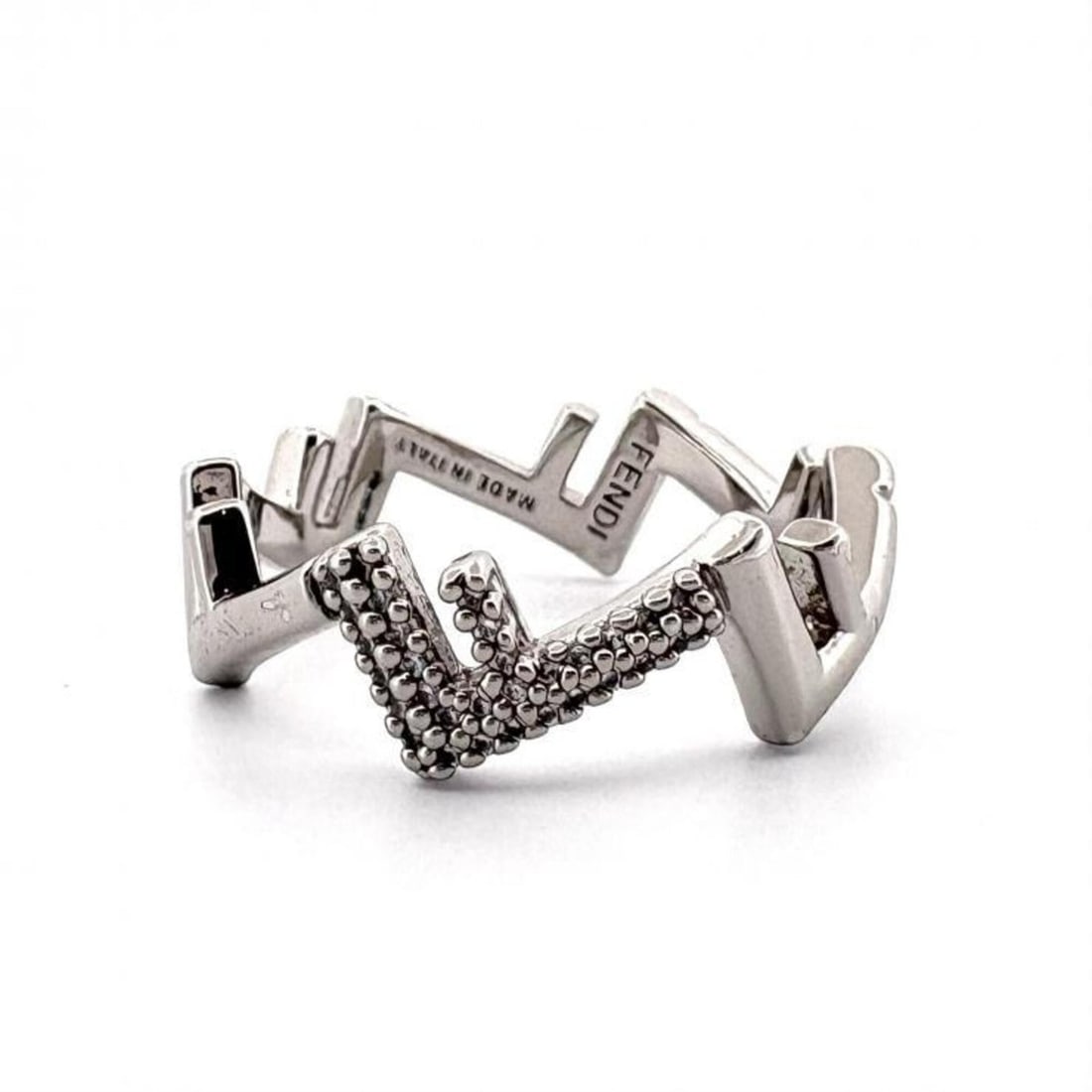 Fendi Five Ring, FF motif, rhinestone, metal, silver, #M: --- Catalog ---Category: SizeJP Size: 20US Size: 10Category: DesignType: Band ringColor: SilverGender: MenMaterial: Metal, RhinestoneCategory: GeneralBrand: Fendi--- Item List ---Section: ConditionRan