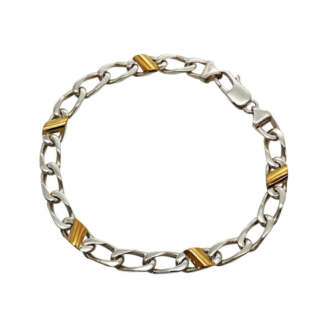 Tiffany & Co. Figaro Chain Bracelet, 18K Yellow Gold (KYG), Sterling Silver 925, Women's: --- Catalog ---Category: SizeLength: 18.5cm / 7.28''Category: DesignType: Charm braceletGender: WomenMaterial: Silver 925, Yellow gold (18K)Category: GeneralBrand: Tiffany--- Item List ---Section: Con