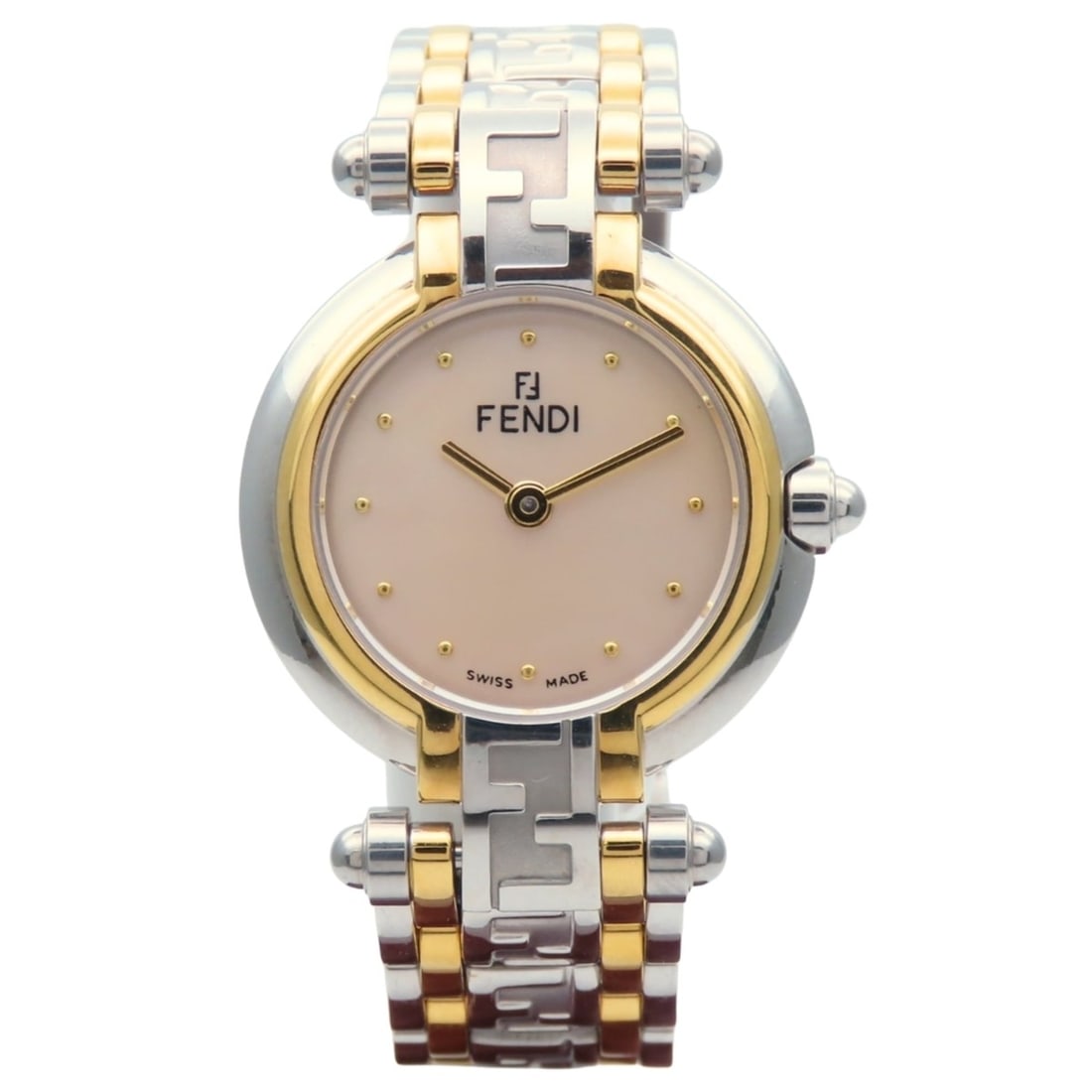 Fendi Orologi 760L Stainless Steel Watch, Silver and Gold Dial, White Mother-of-Pearl, Zucca: --- Catalog ---Category: SizeWrist Size: 14cm / 5.51''Case Diameter: 25mm / 0.98''Category: DesignType: WristwatchGender: WomenColor (Dial): White shellMaterial (Band): Stainless steelMaterial (Case):