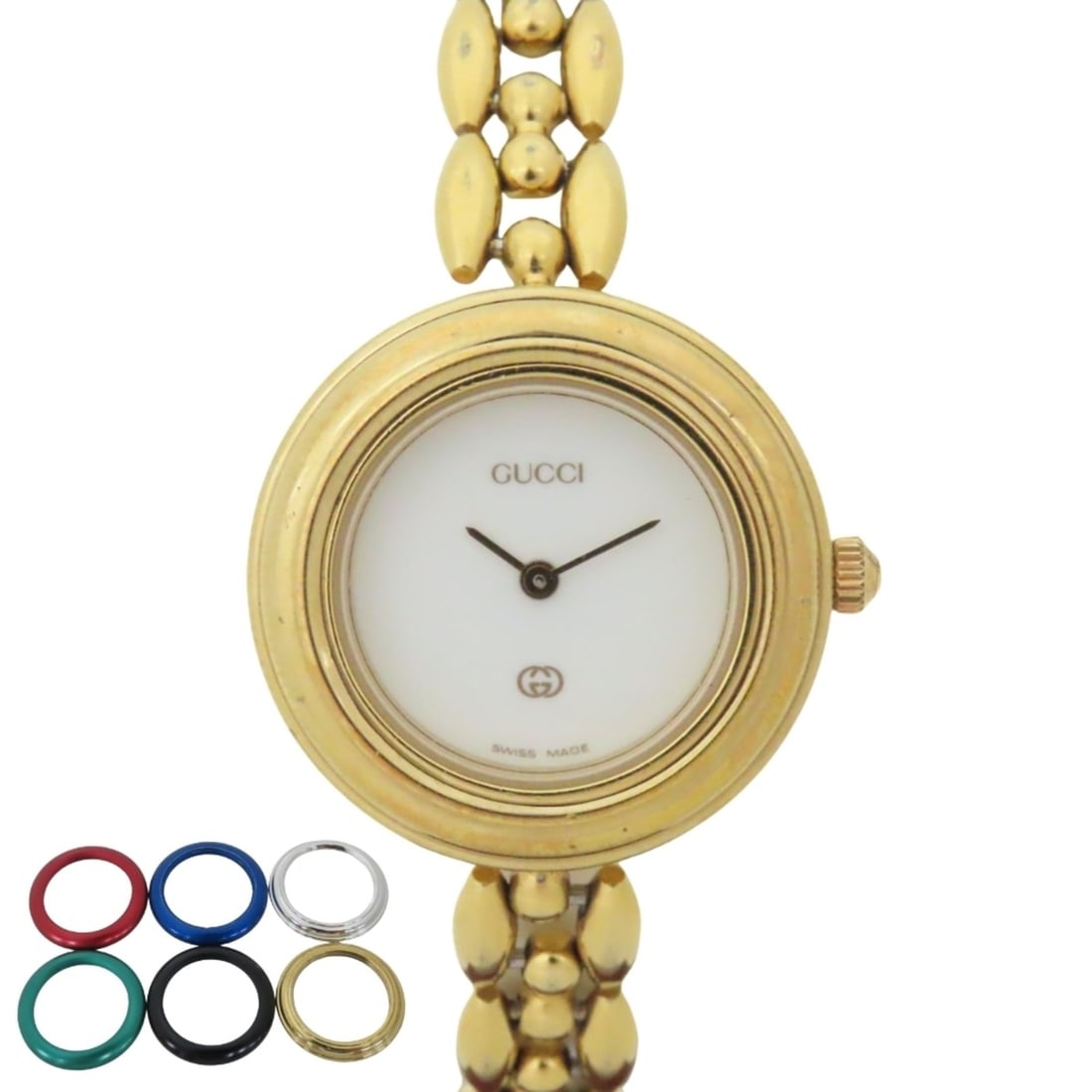 Gucci watch with changeable bezel, model 1100-L, stainless steel, plastic, gold multicolor dial,: --- Catalog ---Category: SizeWrist Size: 18cm / 7.08''Case Diameter: 26mm / 1.02''Category: DesignType: WristwatchGender: WomenColor (Dial): WhiteMaterial (Band): Stainless steelMaterial (Case): Plast