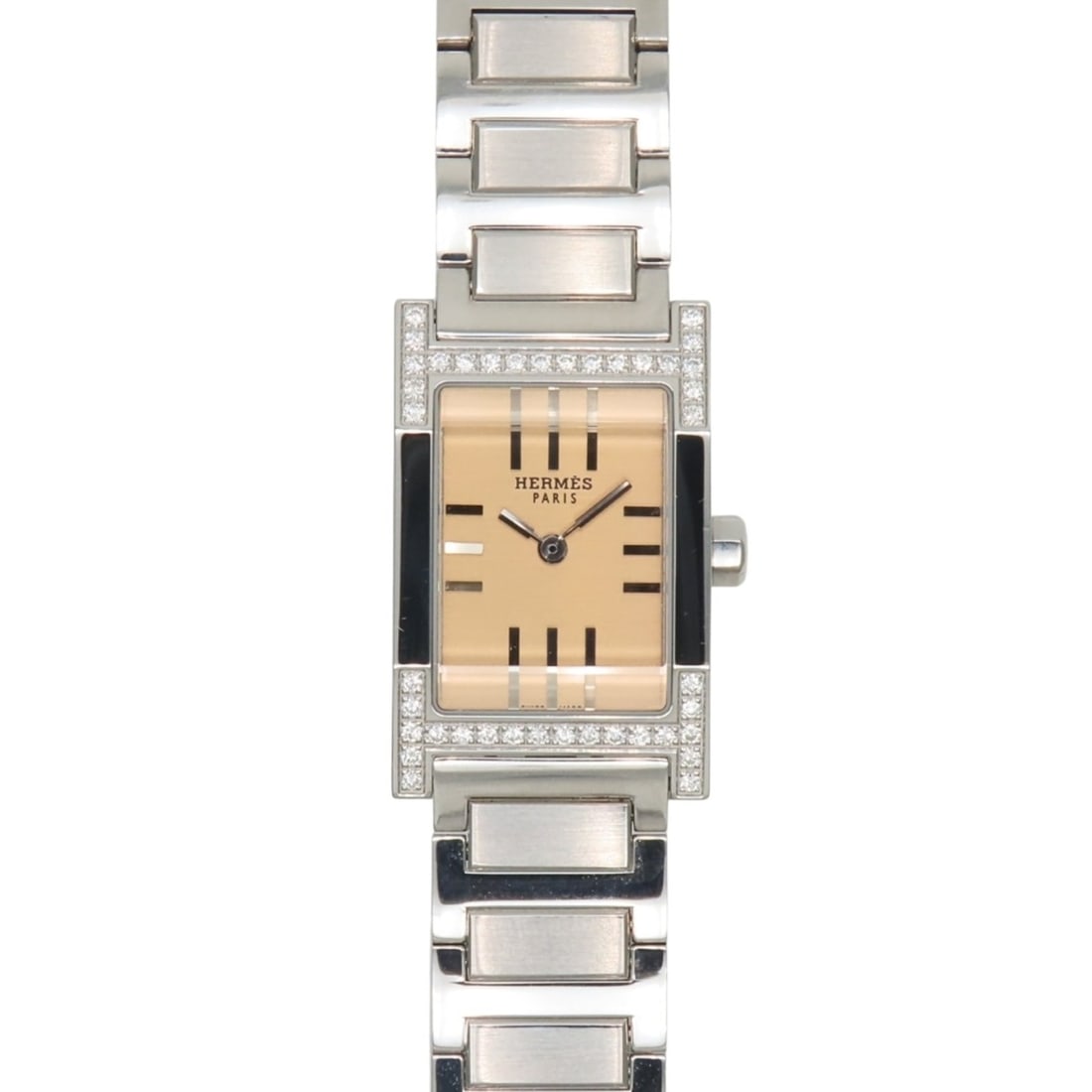 Hermes Tandem TA1.230 SS Watch with Diamonds, Silver Dial, Orange Diamond Bezel, Ladies': --- Catalog ---Category: SizeWrist Size: 15cm / 5.9''Case Diameter: 19mm / 0.75''Category: DesignType: WristwatchGender: WomenColor (Dial): OrangeMaterial (Band): Stainless steelMaterial (Case): Stain