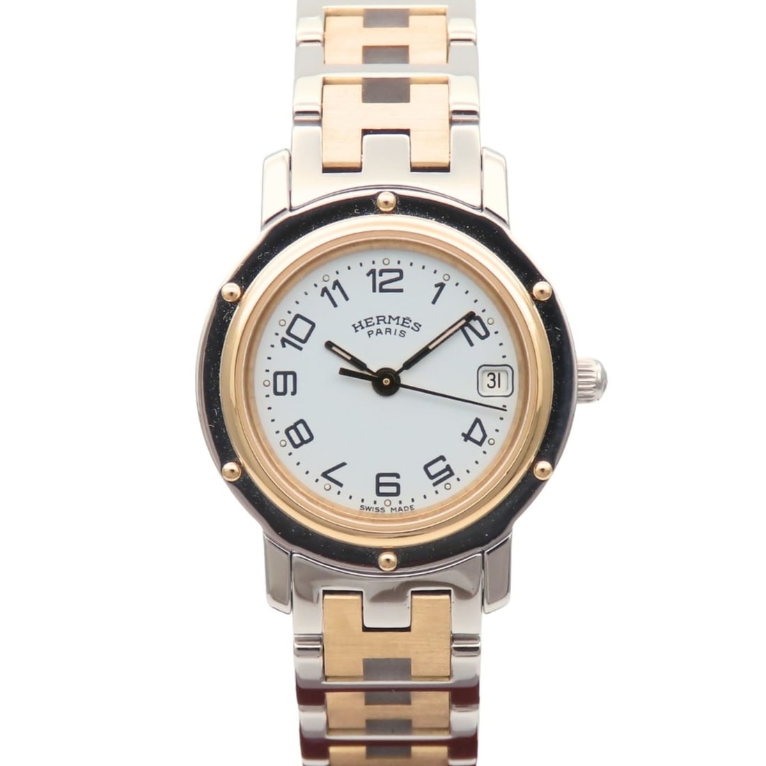 Hermes Clipper CL4.220 Silver Gold Dial White Plated Stainless Steel GP Women's Watch: --- Catalog ---Category: SizeWrist Size: 15cm / 5.9''Case Diameter: 24mm / 0.94''Category: DesignType: WristwatchGender: WomenColor (Dial): WhiteMaterial (Band): Stainless steelMaterial (Case): Stainl