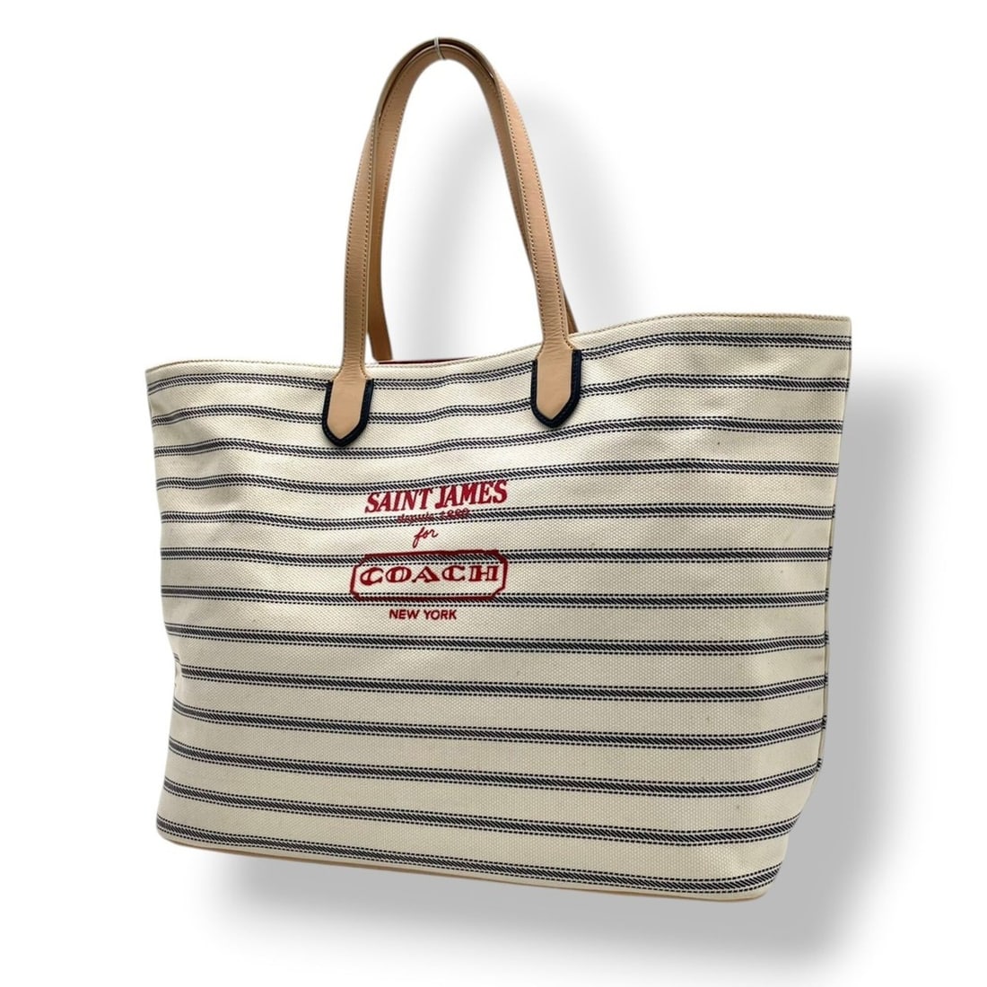 Coach x Saint James Legacy Weekend Collaboration Tote Bag/Shoulder Bag, Striped Canvas and Leather,: --- Catalog ---Category: SizeSize (HxWxD): 33cm x 52cm x 16cm / 12.99'' x 20.47'' x 6.29''Category: DesignType: Shoulder bag, Tote bagColor: Ivory, NavyGender: WomenMaterial: Canvas , Leather Category
