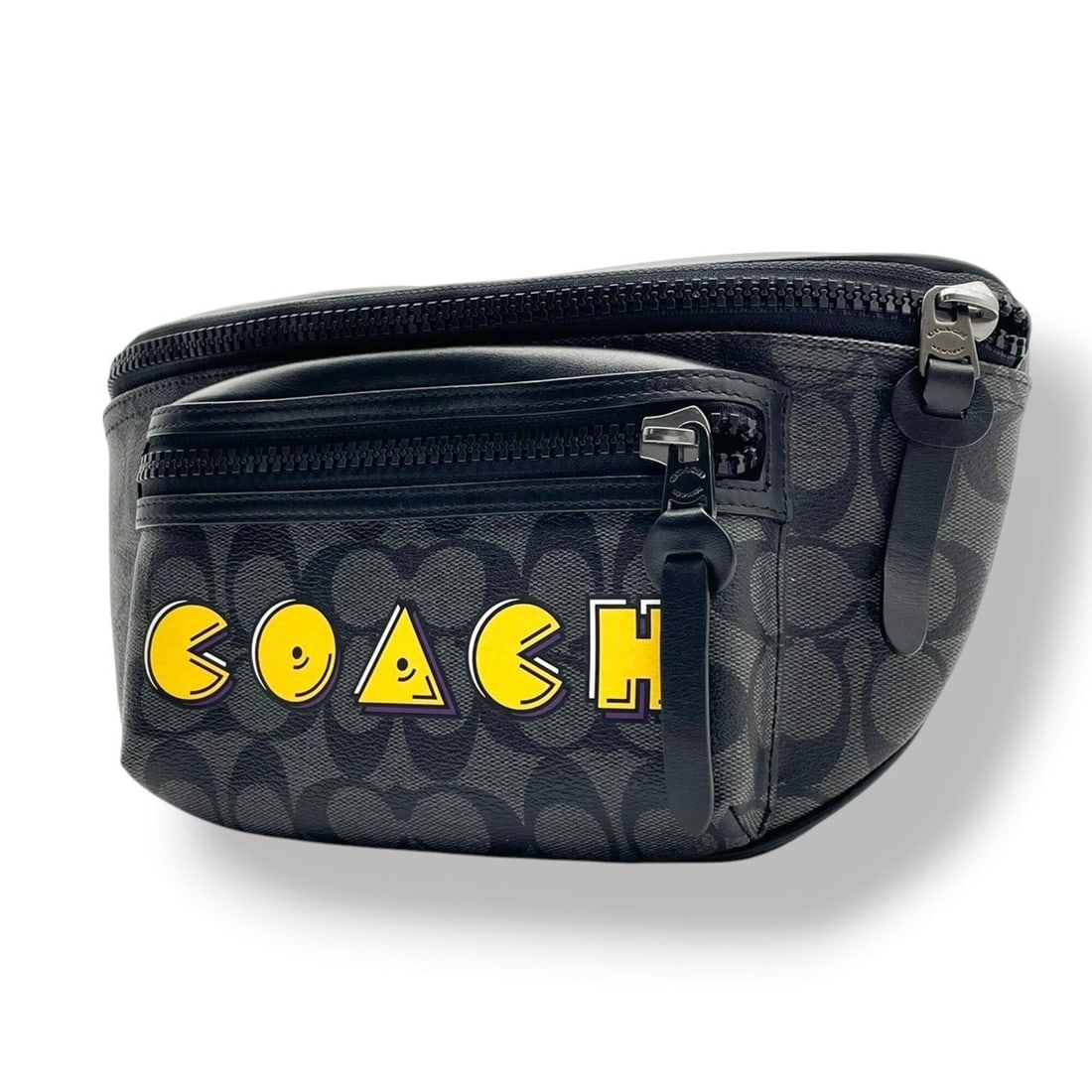Coach x Pac-Man Collaboration Signature Body Bag/Shoulder Bag, Crossbody, Leather, Gray, Charcoal,: --- Catalog ---Category: SizeSize (HxWxD): 15cm x 30cm x 10cm / 5.9'' x 11.81'' x 3.93''Category: DesignType: Shoulder bag, Sling bagColor: Black, GrayGender: Men,WomenMaterial: Signature line