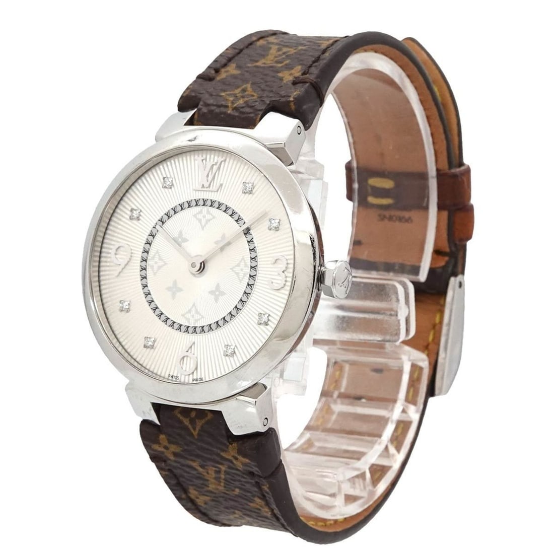 Louis Vuitton Tambour Monogram Q13MJ Women's Watch 8P Diamond Silver Quartz: --- Catalog ---Category: SizeWrist Size: 14.5cm - 18cm / 5.7'' - 7.08''Case Diameter: 33mm / 1.3''Category: DesignType: WristwatchGender: WomenColor (Dial): SilverMaterial (Band): Leather, Stainless s