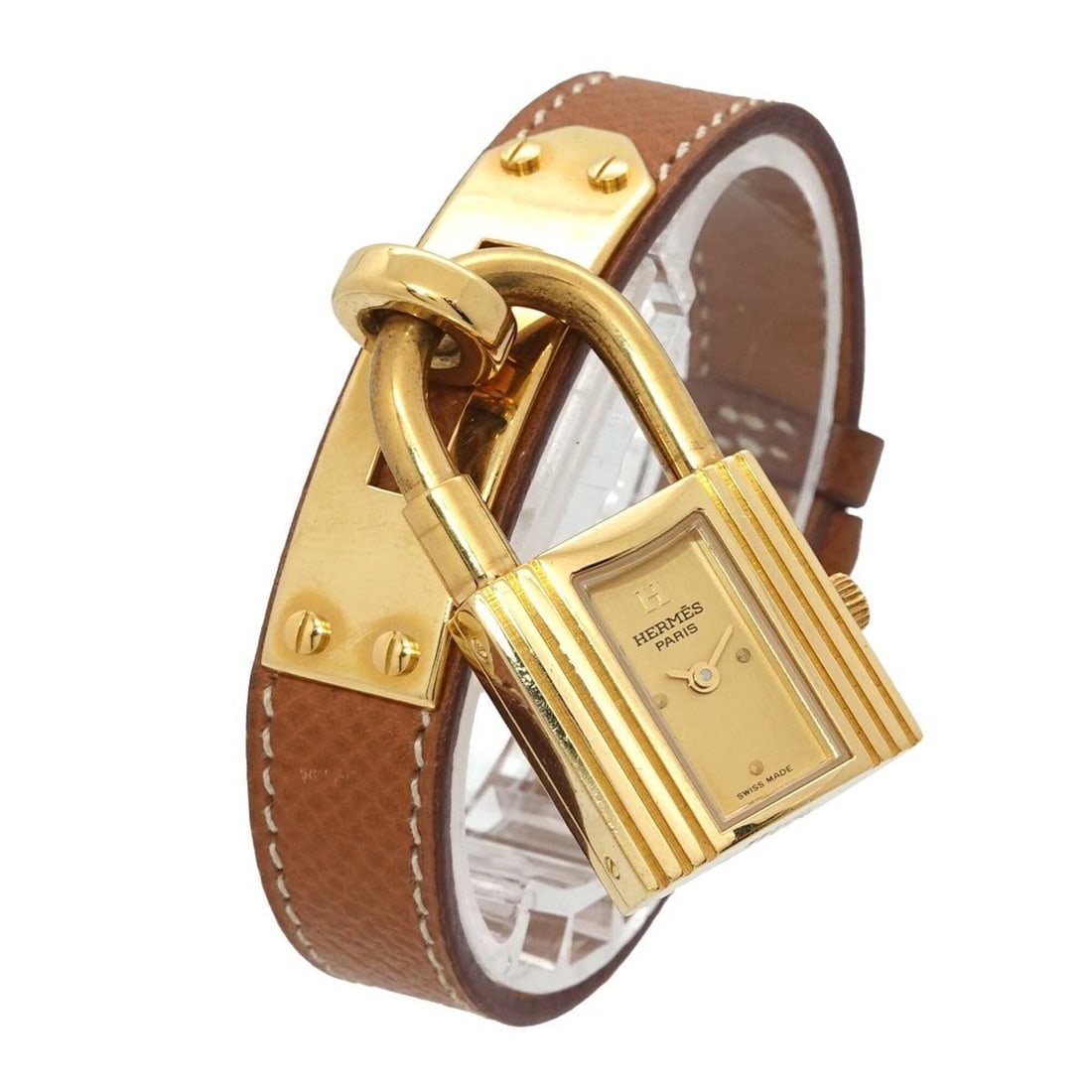 Hermes Kelly Watch, Ladies' Gold and Brown Quartz Watch with Padlock: --- Catalog ---Category: SizeWrist Size: 13.5cm - 16cm / 5.31'' - 6.29''Case Diameter: 20mm / 0.79''Category: DesignType: WristwatchGender: WomenColor (Dial): GoldMaterial (Band): Gold plated, Leather