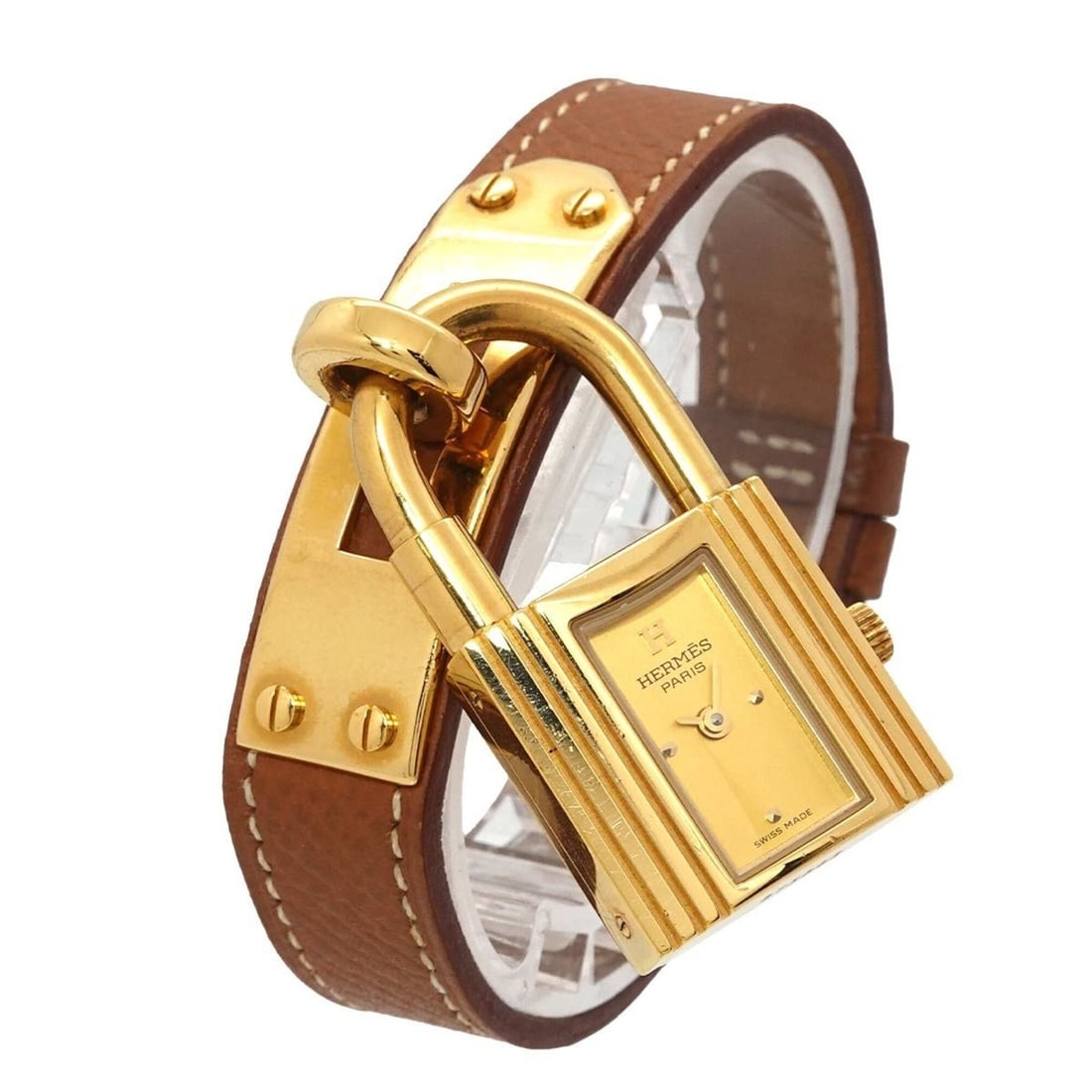 Hermes Kelly Watch, Ladies' Gold and Brown Quartz Watch with Padlock: --- Catalog ---Category: SizeWrist Size: 13.5cm - 16cm / 5.31'' - 6.29''Case Diameter: 20mm / 0.79''Category: DesignType: WristwatchGender: WomenColor (Dial): GoldMaterial (Band): Gold plated, Leather