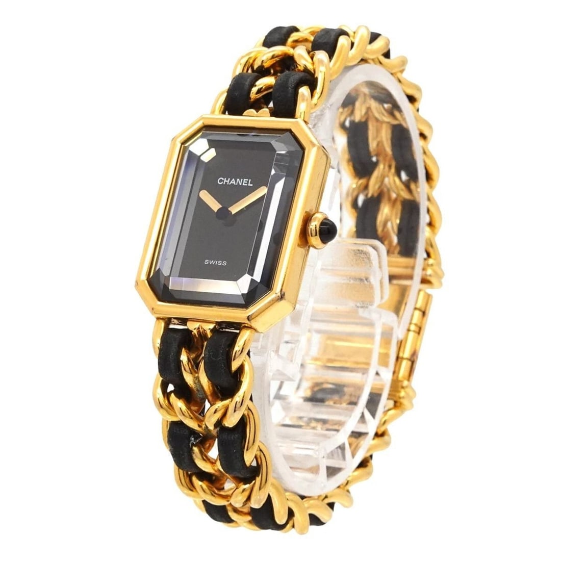 Chanel Premiere H0001 Women's Watch, Size M, Black & Gold, Quartz Movement.: --- Catalog ---Category: SizeWrist Size: 15cm / 5.9''Case Diameter: 20mm / 0.79''Category: DesignType: WristwatchGender: WomenColor (Dial): BlackMaterial (Band): Gold plated, Leather, Stainless steelM