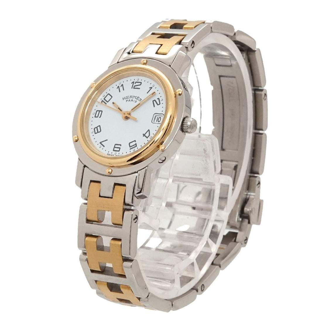 Hermes CL4 220 Women's Watch, Date Display, White Quartz Watch: --- Catalog ---Category: SizeWrist Size: 14.5cm / 5.7''Case Diameter: 24mm / 0.94''Category: DesignType: WristwatchGender: WomenColor (Dial): WhiteMaterial (Band): Gold plated, Stainless steelMaterial