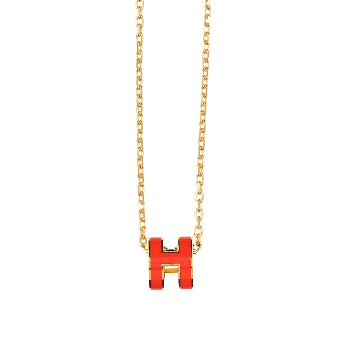 Hermes Mini Pop H Necklace, Orange Gold: --- Catalog ---Category: SizePendant Size: 9mm x 7mm / 0.35'' x 0.27''Neck Circumference: 39.5 cm / 15.55''Category: DesignColor: Gold, OrangeGender: WomenNecklace Type: NecklaceCategory: GeneralBrand