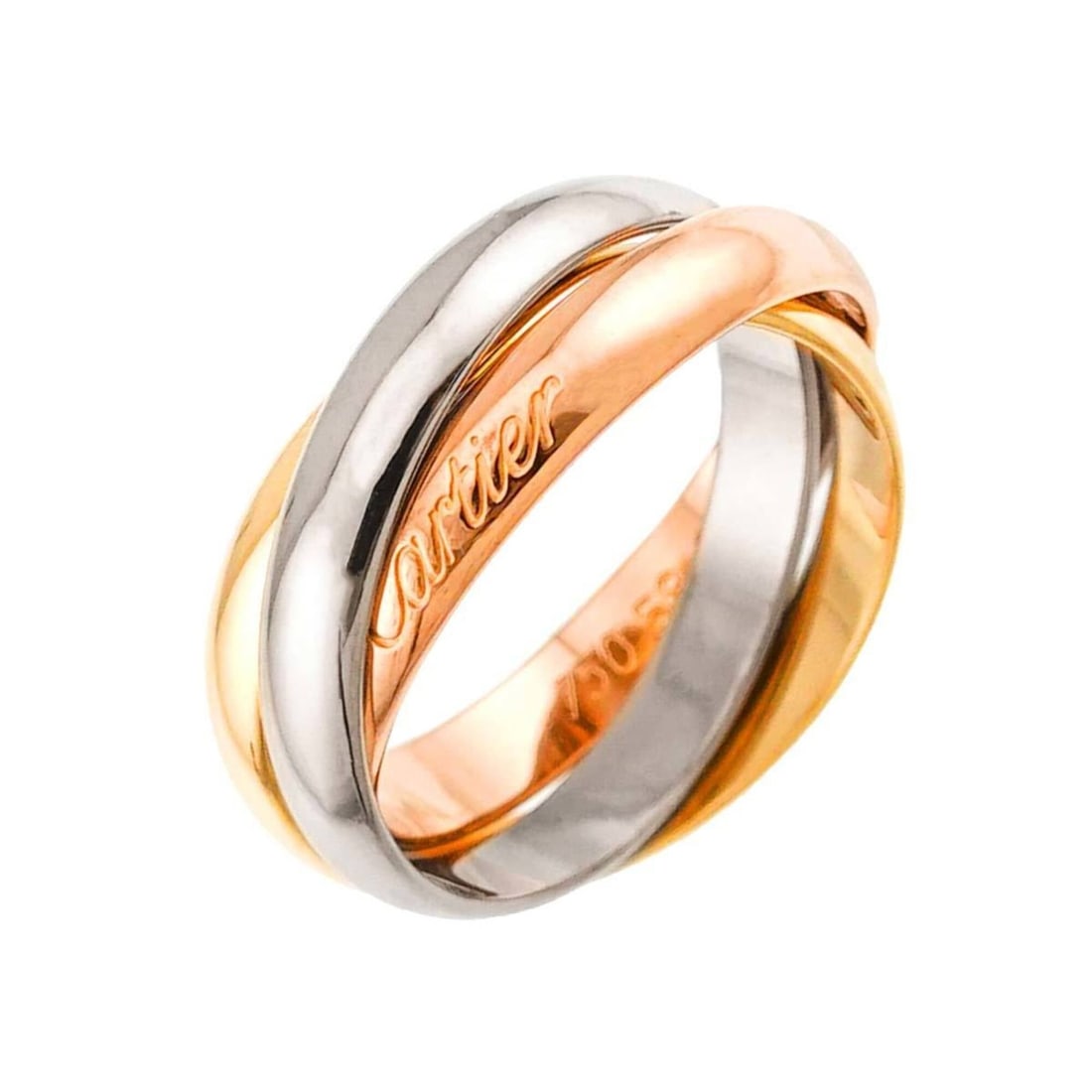 Cartier Trinity Ring #53 MM 18K YG WG PG Triple Band Three Gold Color 750: --- Catalog ---Category: SizeUS Size: 6.5Brand Size: 53Category: DesignType: Band ringGender: WomenMaterial: Pink gold (18K), White gold (18K), Yellow gold (18K)Category: GeneralBrand: Cartier--- Item