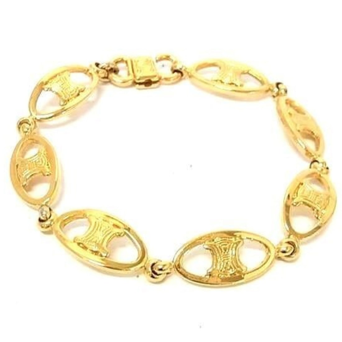 CELINE Macadam Gold Metal Bracelet for Women: --- Catalog ---Category: SizeWidth: 1.1cm / 0.43''Total Length: 21cm / 8.26''Category: DesignType: Charm braceletColor: GoldGender: WomenMaterial: MetalCategory: GeneralBrand: Celine--- Item List ---S