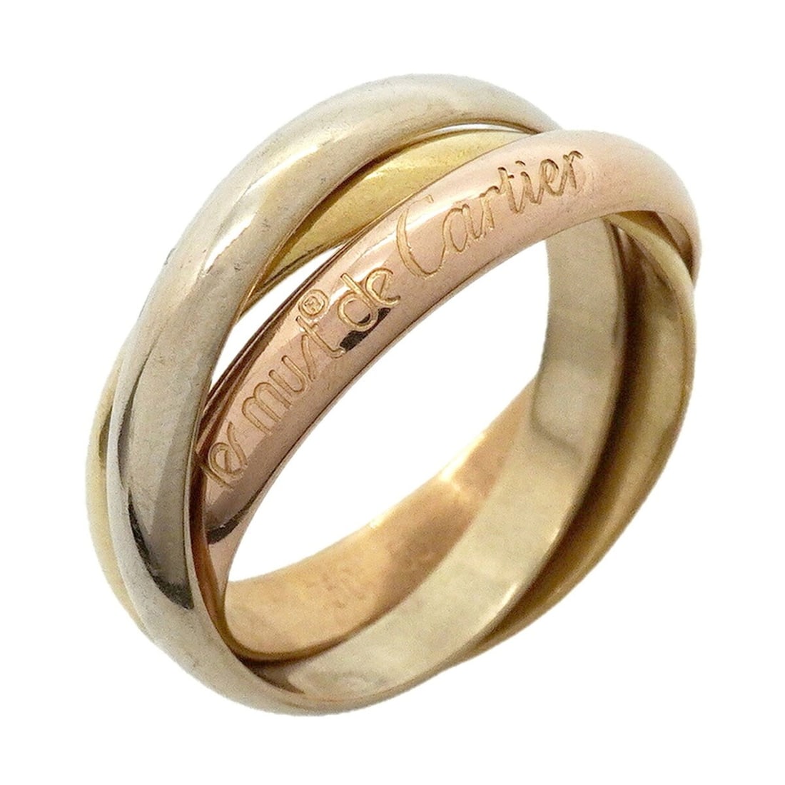 Cartier Trinity Classic Ring, 18K Yellow Gold (KYG), White (18KWG), Pink (18KPG), Size #55,: --- Catalog ---Category: SizeUS Size: 7.5Brand Size: 55Category: DesignType: Band ringGender: Men,WomenMaterial: Pink gold (18K), White gold (18K), Yellow gold (18K)Category: GeneralBrand: Cartier--- 