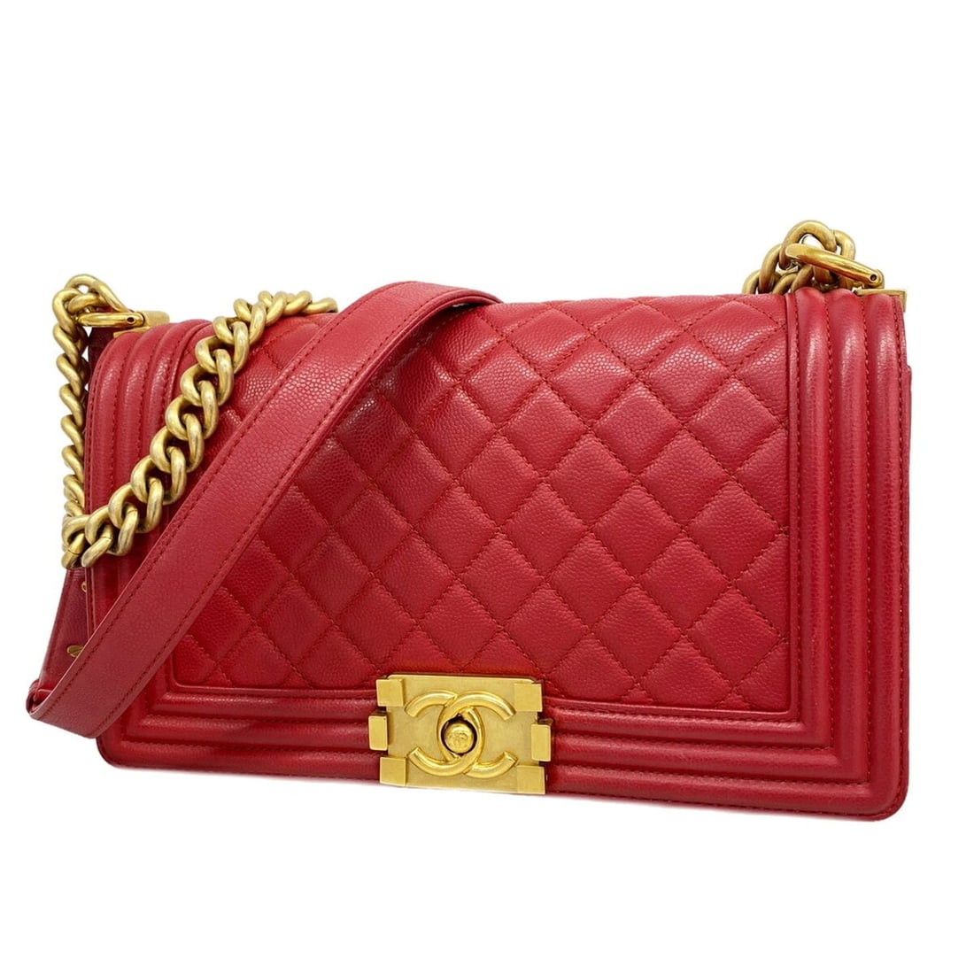 Chanel Boy Chain Shoulder Bag, Caviar Leather, Red, Women's OP019524: --- Catalog ---Category: SizeSize (HxWxD): 16.5cm x 25cm x 8cm / 6.49'' x 9.84'' x 3.14''Category: DesignType: Shoulder bagColor: Red colorGender: WomenMaterial: Grained Calfskin Hardware Color: GoldC