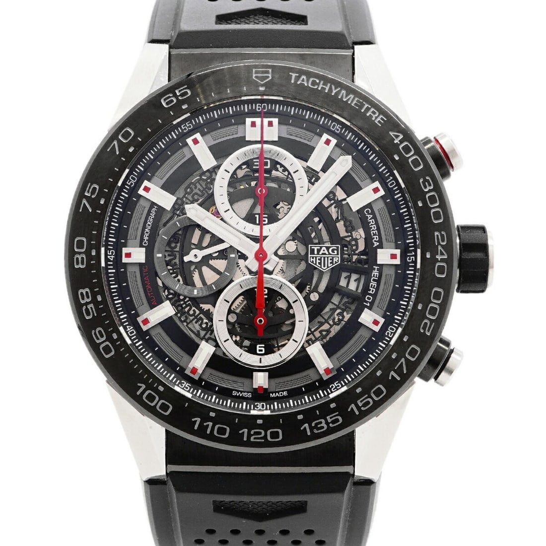 TAG Heuer Carrera Calibre 01 CAR2A1Z Skeleton Dial Men's Watch: --- Catalog ---Category: SizeWrist Size: 18.5cm / 7.28''Case Diameter: 45.4mm / 1.79''Category: DesignType: WristwatchGender: MenMaterial (Band): RubberCategory: GeneralMPN: CAR2A1ZBrand: Tag