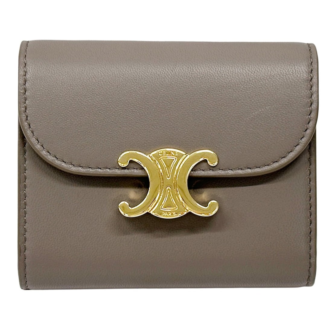 Celine CELINE Women's Wallet, Triomphe Design, Bi-fold Leather Gray and Gold, Mini Wallet: --- Catalog ---Category: SizeSize (HxWxD): 9cm x 10.5cm x 3cm / 3.54'' x 4.13'' x 1.18''Category: DesignType: Wallet (bi-fold)Color: GrayGender: WomenMaterial: Leather Category: GeneralBrand: CelineCo
