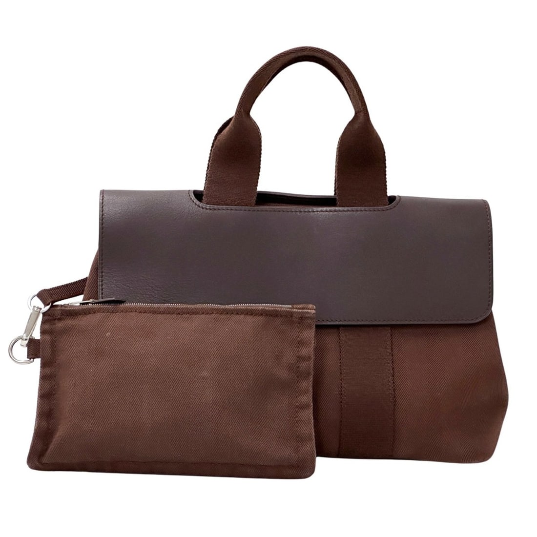 Hermes Valparaiso PM Canvas Handbag for Women - Brown with Silver Hardware Compact Pouch H Logo: --- Catalog ---Category: SizeSize (HxWxD): 20.5cm x 30cm x 13.5cm / 8.07'' x 11.81'' x 5.31''Category: DesignType: Handbag, PouchColor: Brown, WhiteGender: WomenMaterial: Canvas Category: GeneralBrand