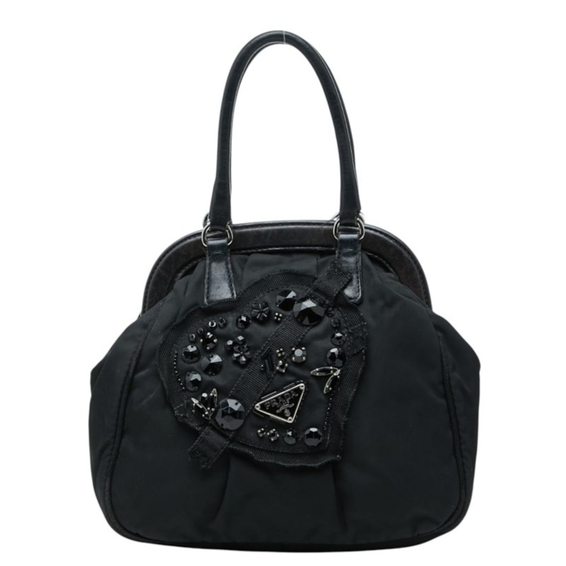 Prada Triangle Logo Plate Evening Heart Handbag Black Nylon Leather Rhinestone Women's PRADA (1 of 19)