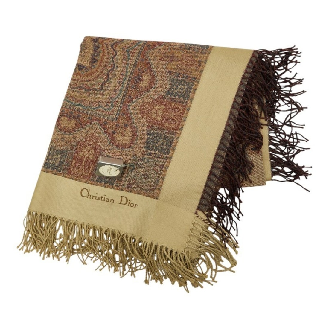 Christian Dior Dior Logo Paisley Fringe Stole, Beige/Brown Wool, Women's.: --- Catalog ---Category: SizeSize (LxW): 1.28m x 1.28m / 50.39'' x 50.39''Category: DesignType: StoleColor: Beige, BrownGender: WomenMaterial: Wool Category: GeneralBrand: Christian Dior--- Item List 