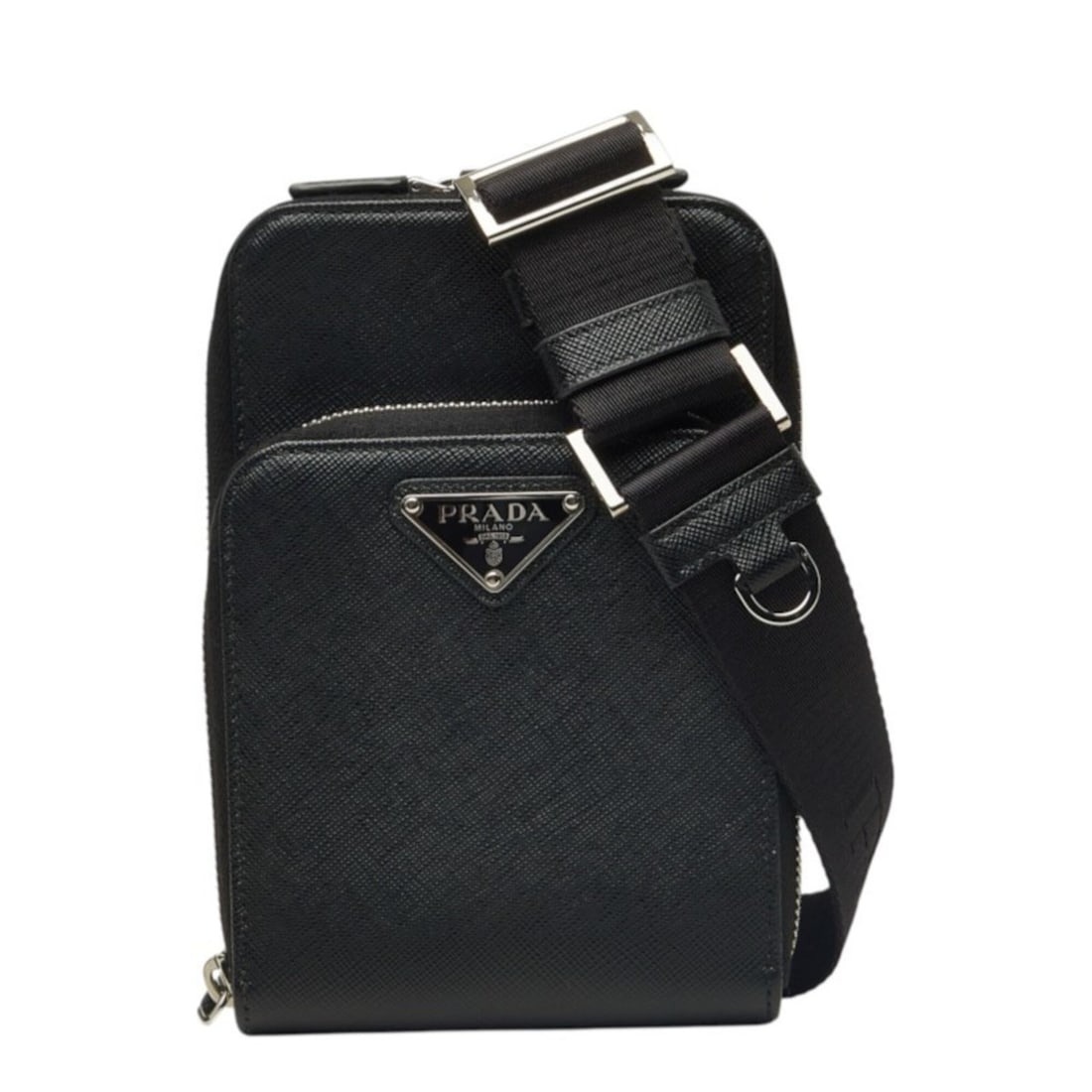 Prada Triangle Logo Plate Crossbody Shoulder Bag Smartphone 2ZH126 Black Saffiano Leather Women's: --- Catalog ---Category: SizeSize (HxWxD): 18cm x 11.5cm x 4cm / 7.08'' x 4.52'' x 1.57''Category: DesignType: Shoulder bagColor: BlackGender: WomenMaterial: Saffiano triangle , Leather Category: Gene