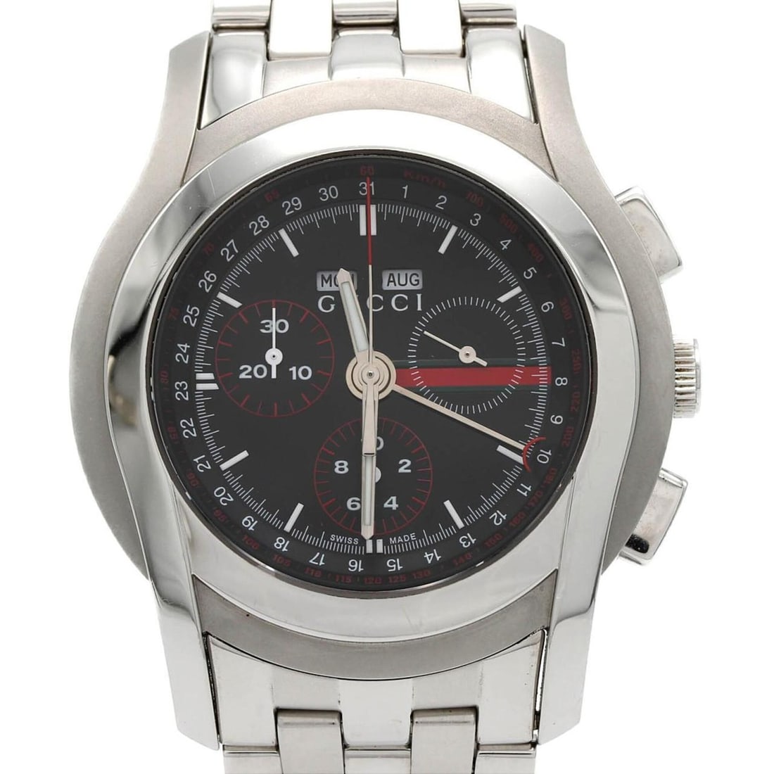 Gucci 5500CHRONO YA055206 SS Quartz Watch: --- Catalog ---Category: SizeWrist Size: 18.5cm / 7.28''Case Diameter: 41.5mm / 1.63''Category: DesignType: WristwatchGender: MenColor (Dial): BlackMaterial (Band): Stainless steelMaterial (Case): Sta
