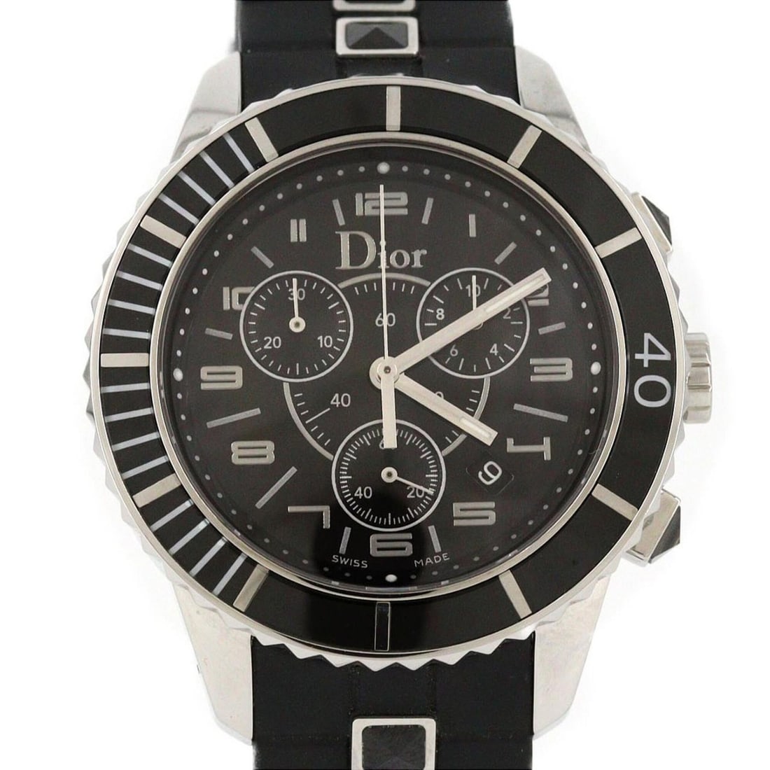 Christian Dior Crystal Chrono CD114317R001 SS Quartz Watch: --- Catalog ---Category: SizeWrist Size: 19cm / 7.48''Case Diameter: 38.5mm / 1.52''Category: DesignType: WristwatchGender: Men,WomenColor (Dial): BlackMaterial (Band): RubberMaterial (Case): Stainles