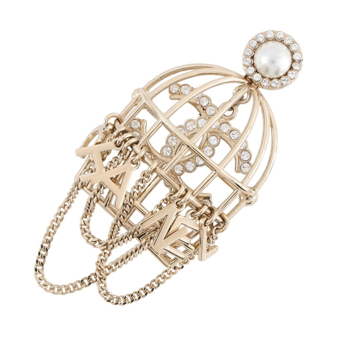 Chanel brooch, birdcage design, Coco Mark, rhinestones, faux pearls, B20. (BCHANEL): --- Catalog ---Category: SizeSize (HxWxD): 5.5cm x 3.2cm / 2.16'' x 1.25''Category: DesignType: BroochColor: GoldGender: WomenMaterial: RhinestoneCategory: GeneralBrand: Chanel--- Item List ---Section