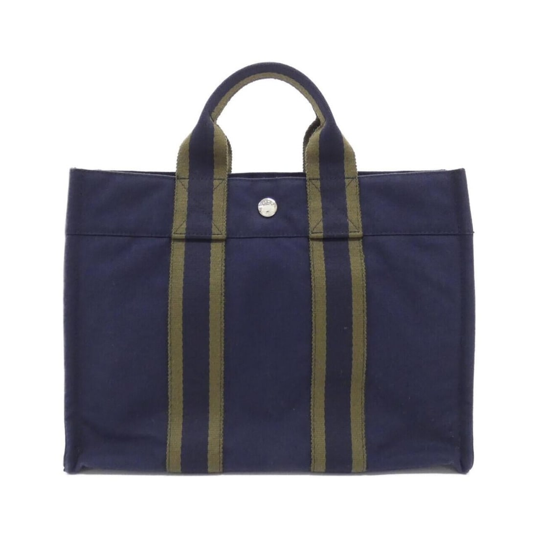 Hermes Sac Fourre-Tout PM 100754M Handbag: --- Catalog ---Category: SizeSize (HxWxD): 23cm x 30cm x 8cm / 9.05'' x 11.81'' x 3.14''Category: DesignType: HandbagColor: Khaki, NavyGender: WomenMaterial: Canvas Hardware Color: SilverCategory: Gen