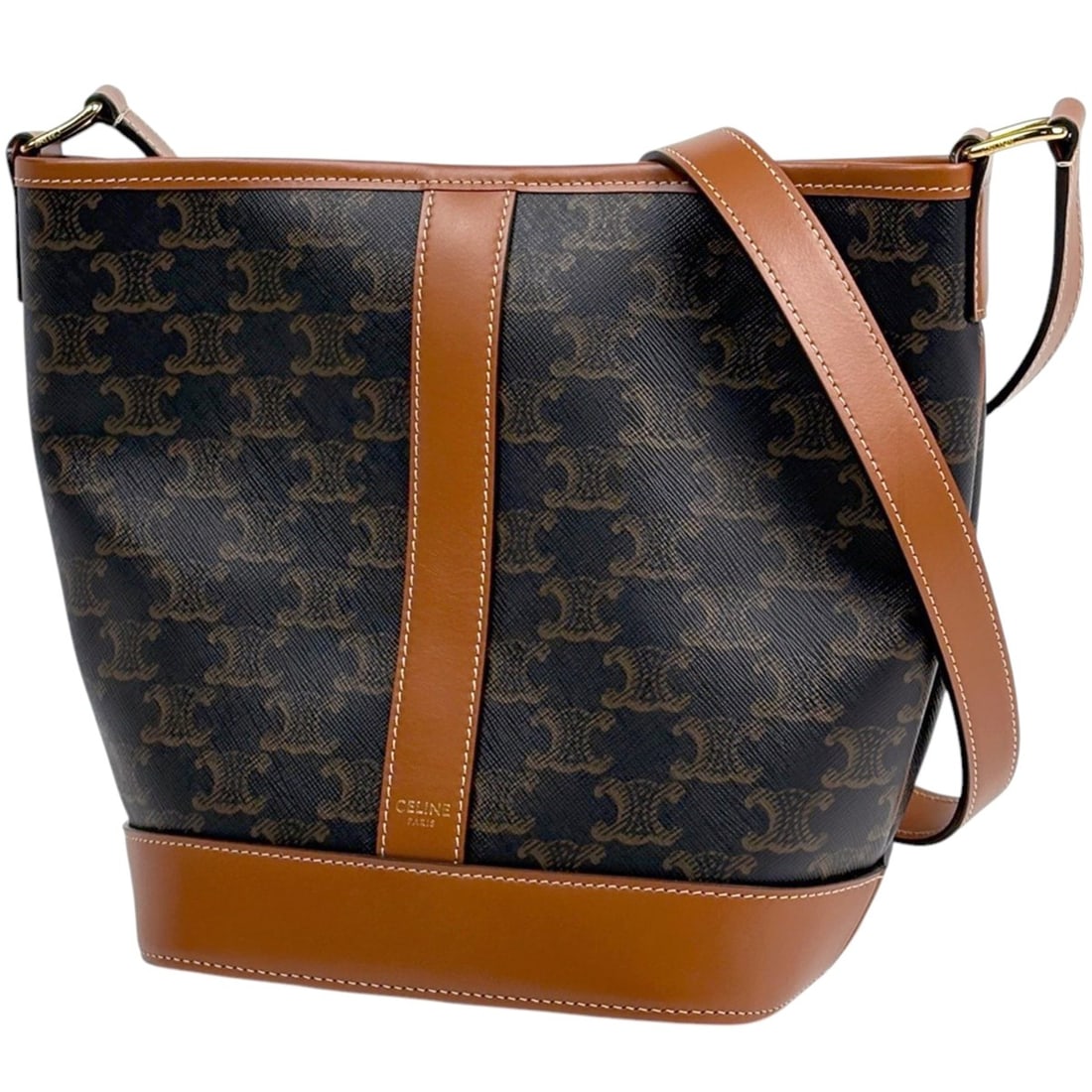 Celine Small Bucket Shoulder Bag, Triomphe Coated Canvas, Tan (Brown), Women's: --- Catalog ---Category: SizeSize (HxWxD): 21.5cm x 18cm x 12.5cm / 8.46'' x 7.08'' x 4.92''Category: DesignType: Shoulder bagColor: BrownGender: WomenMaterial: Coated canvas , Leather Category: Gener