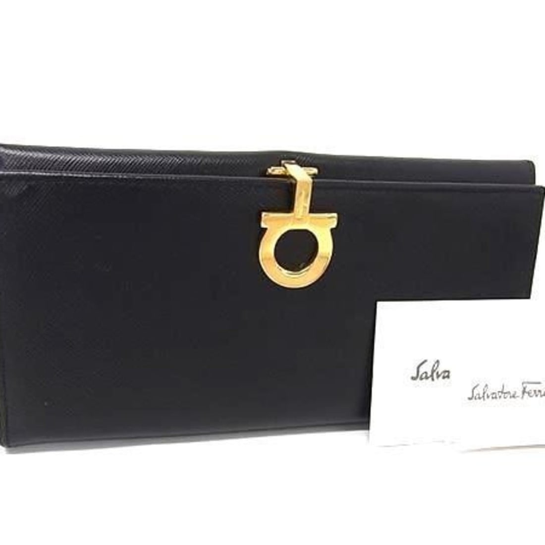 Salvatore Ferragamo Long Wallet Gancini 22 0120 Black Calf Leather Women's Bi-fold (1 of 8)